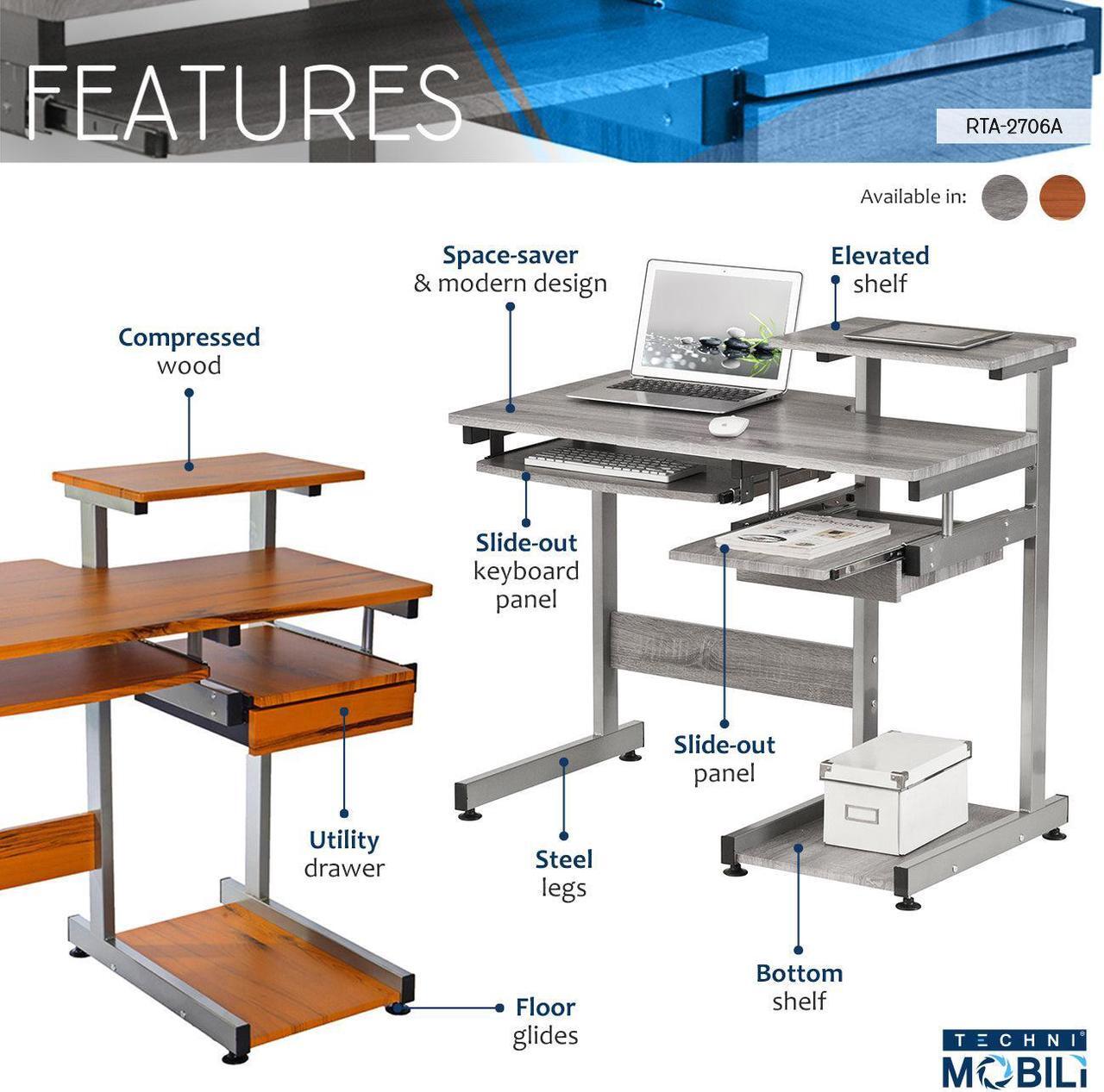 Alt view image 19 of 19 - Techni Mobili Complete Computer Desk with Storage, Ergonomic Workstation with MDF Panels and PVC Laminate Veneer Surface, Woodgrain