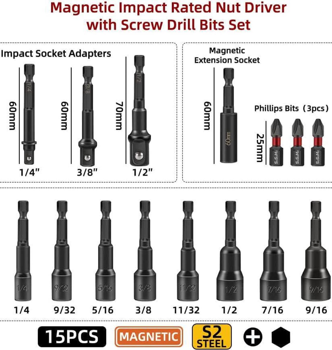 Alt view image 3 of 6 - 15PCS Impact Rated Magnetic SAE Nut Driver Set with Socket Adapter and Phillips Screwdriver Drill Bits,Extension Bit Holder 1/4" Quick Change Hex Shank for Cordless Impact Drive Nuts Or Bolts