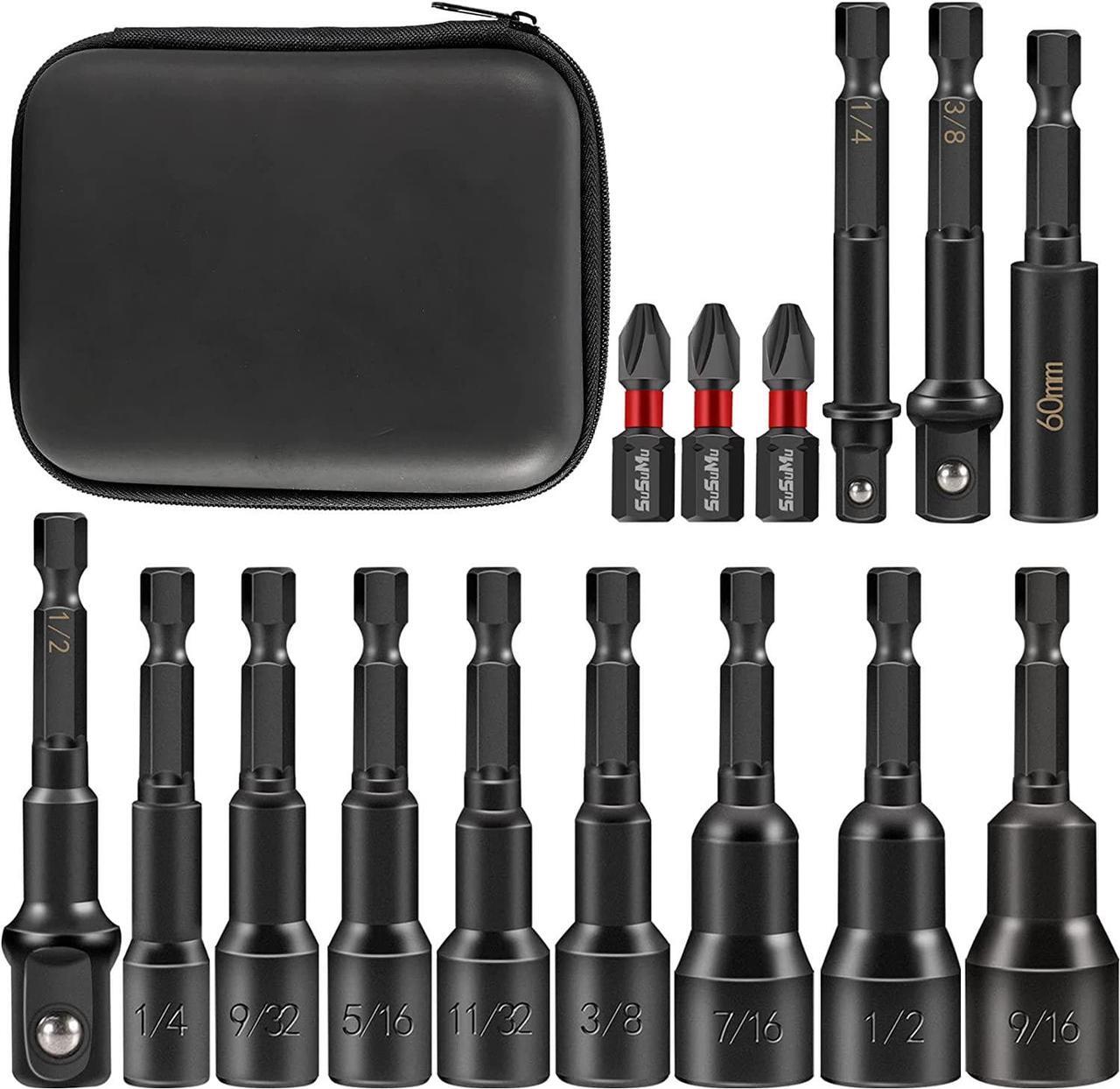 Main image of 15PCS Impact Rated Magnetic SAE Nut Driver Set with Socket Adapter and Phillips Screwdriver Drill Bits,Extension Bit Holder 1/4" Quick Change Hex Shank for Cordless Impact Drive Nuts Or Bolts
