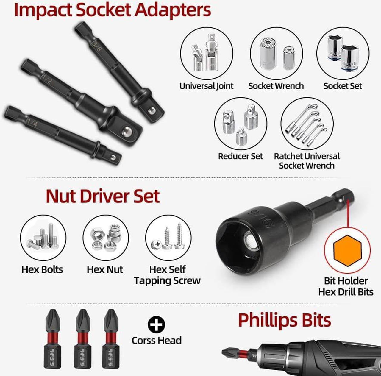 Alt view image 4 of 6 - 15PCS Impact Rated Magnetic SAE Nut Driver Set with Socket Adapter and Phillips Screwdriver Drill Bits,Extension Bit Holder 1/4" Quick Change Hex Shank for Cordless Impact Drive Nuts Or Bolts