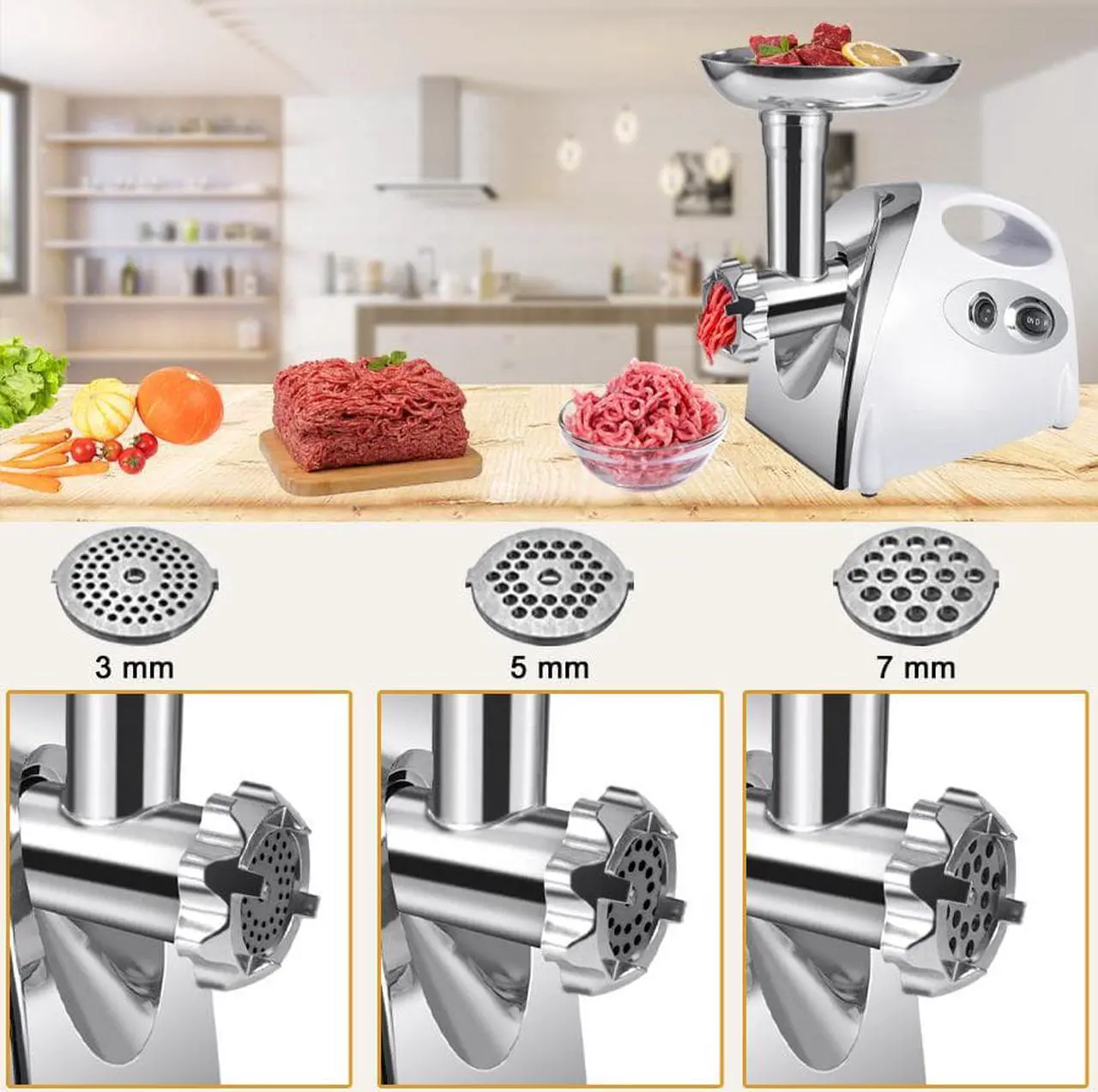 Alt view image 7 of 7 - Meat Grinder Electric Ground Beef Machine Heavy Duty Sausage Stuffer Maker Stainless Steel Chicken Bones Food Grinders 110V 3000W Meat Mincer with 3/5/7mm Grinding Plate  Kubbe Attachment for home use