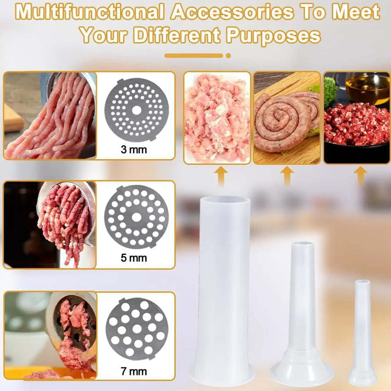 Alt view image 2 of 7 - Meat Grinder Electric Ground Beef Machine Heavy Duty Sausage Stuffer Maker Stainless Steel Chicken Bones Food Grinders 110V 3000W Meat Mincer with 3/5/7mm Grinding Plate  Kubbe Attachment for home use