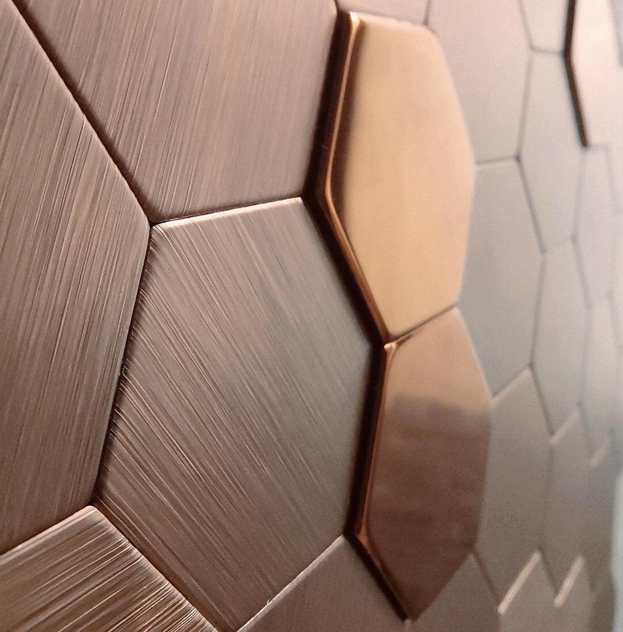 Alt view image 2 of 7 - Peel and Stick Backsplash Moasic Metal Tile Rose Gold Hexagonal 3D Relief 6 Tiles