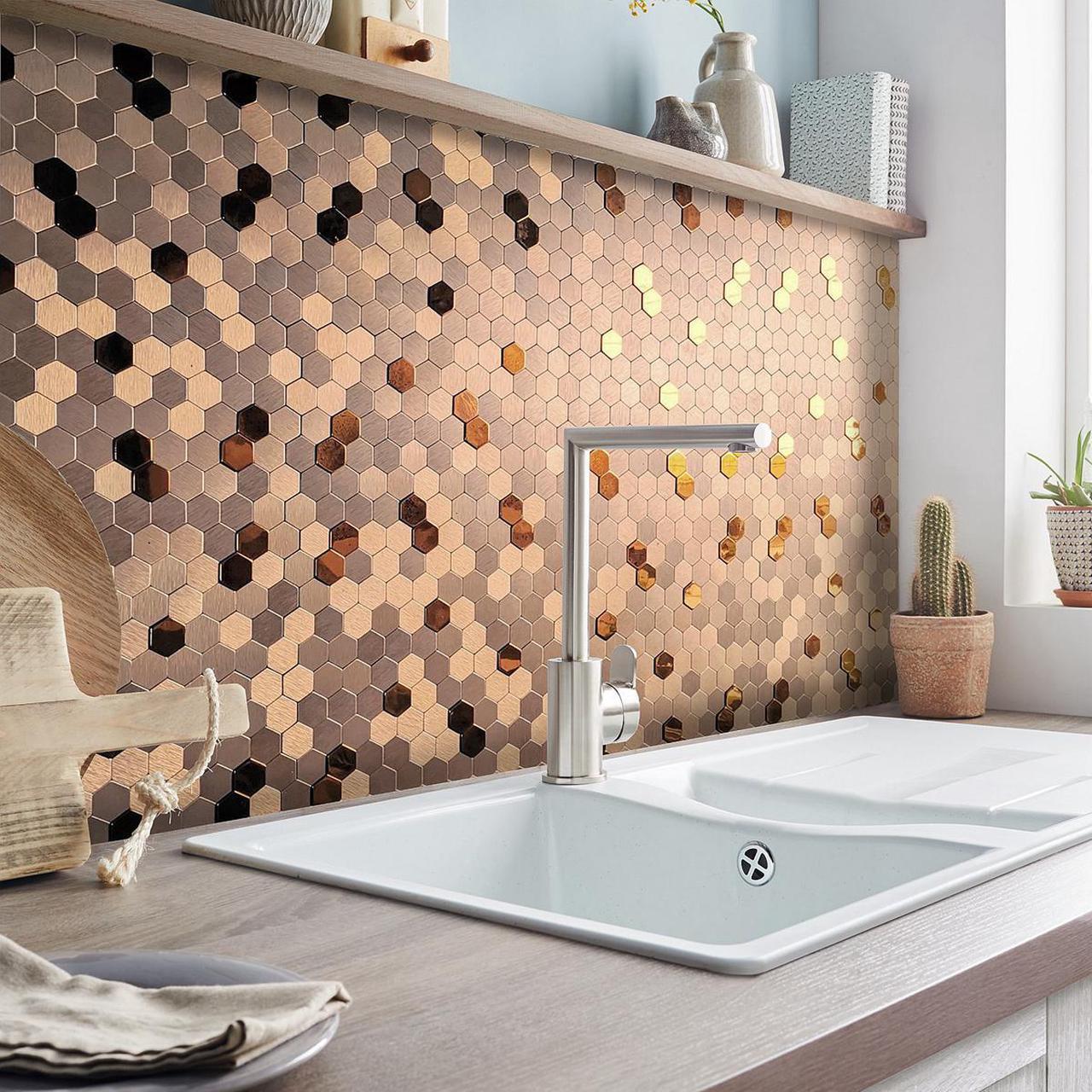 Alt view image 3 of 7 - Peel and Stick Backsplash Moasic Metal Tile Rose Gold Hexagonal 3D Relief 6 Tiles