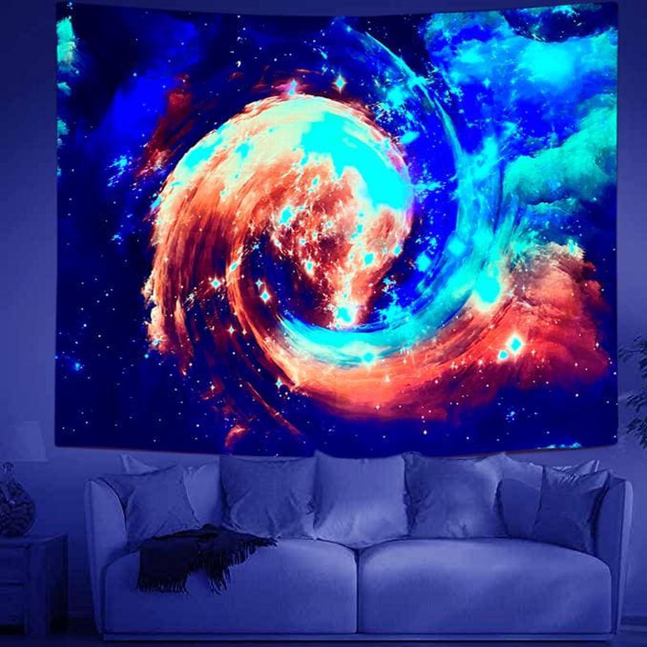 Alt view image 2 of 6 - Sinsoledad Galaxy Blacklight Tapestry UV Reactive Space Wall Black Light Posters Blue Starry Trippy Nebula Star Purple Universe Planets Tapestries for Party Bedroom Living Room,59" x 51"