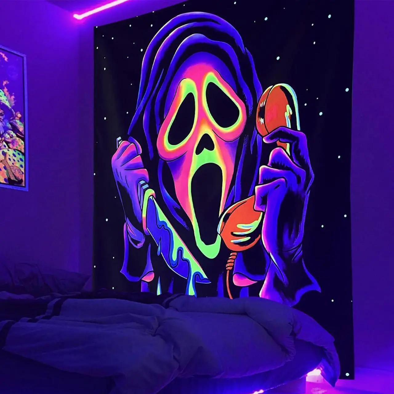 Main image of Horror Ghost Face Blacklight Tapestry, UV Reactive Tapestries Wall Hanging, Glow in The Dark Party Backdrop Tapestry for Bedroom, Living Room, 40" x 30"