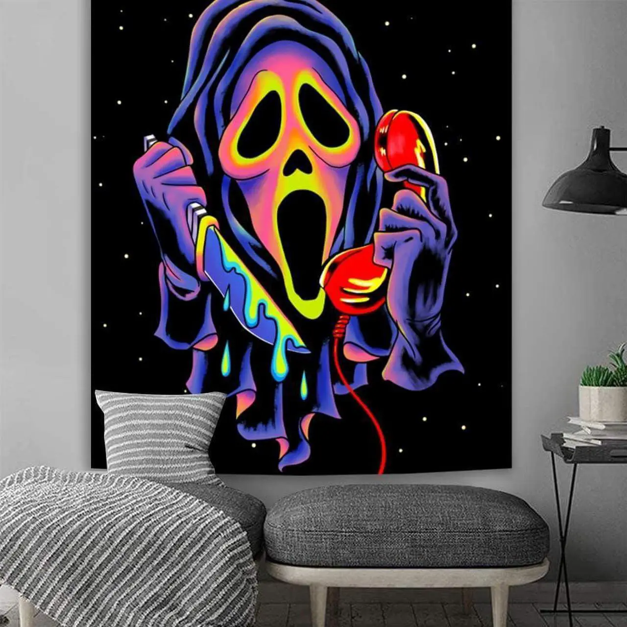 Alt view image 2 of 7 - Horror Ghost Face Blacklight Tapestry, UV Reactive Tapestries Wall Hanging, Glow in The Dark Party Backdrop Tapestry for Bedroom, Living Room, 40" x 30"