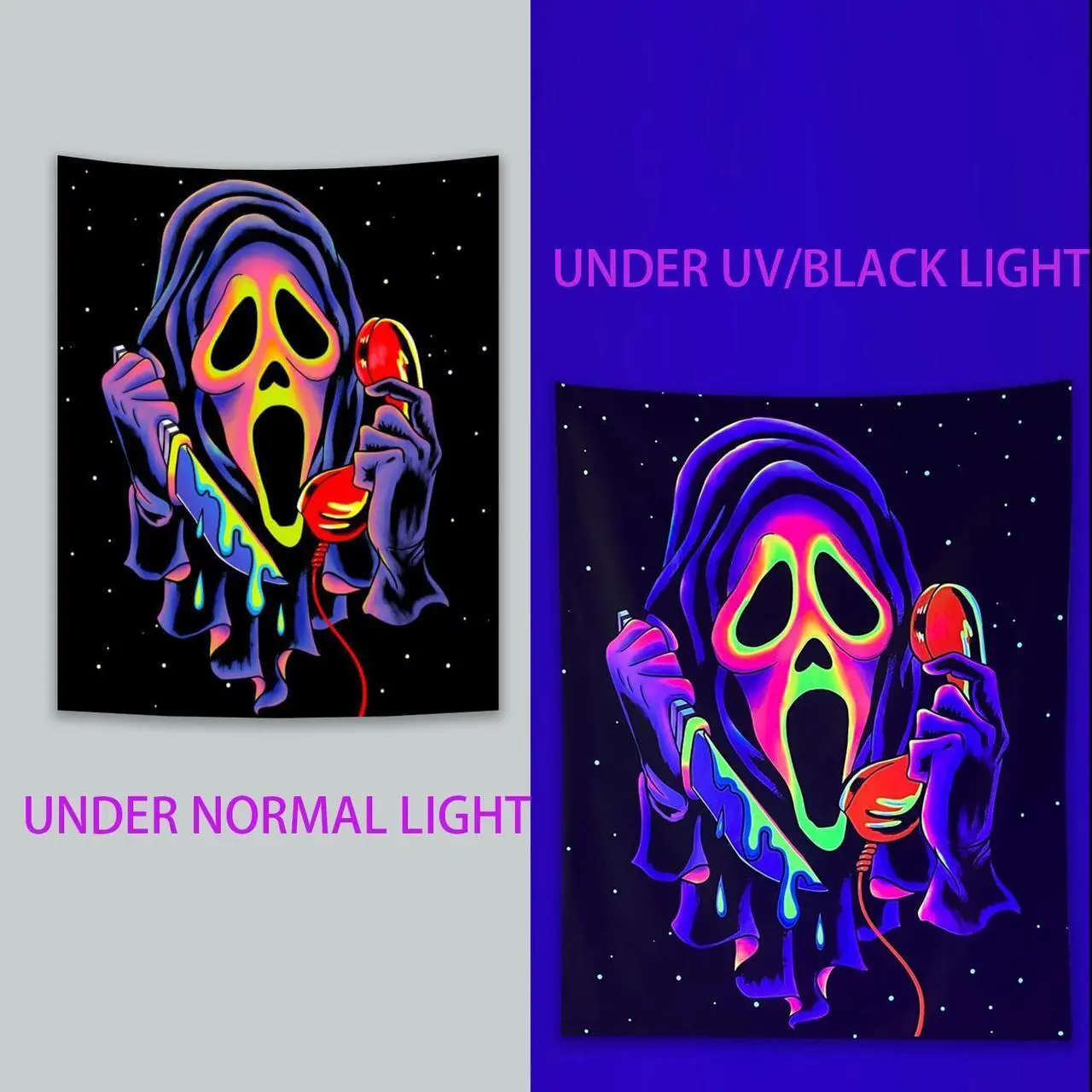 Alt view image 4 of 7 - Horror Ghost Face Blacklight Tapestry, UV Reactive Tapestries Wall Hanging, Glow in The Dark Party Backdrop Tapestry for Bedroom, Living Room, 40" x 30"