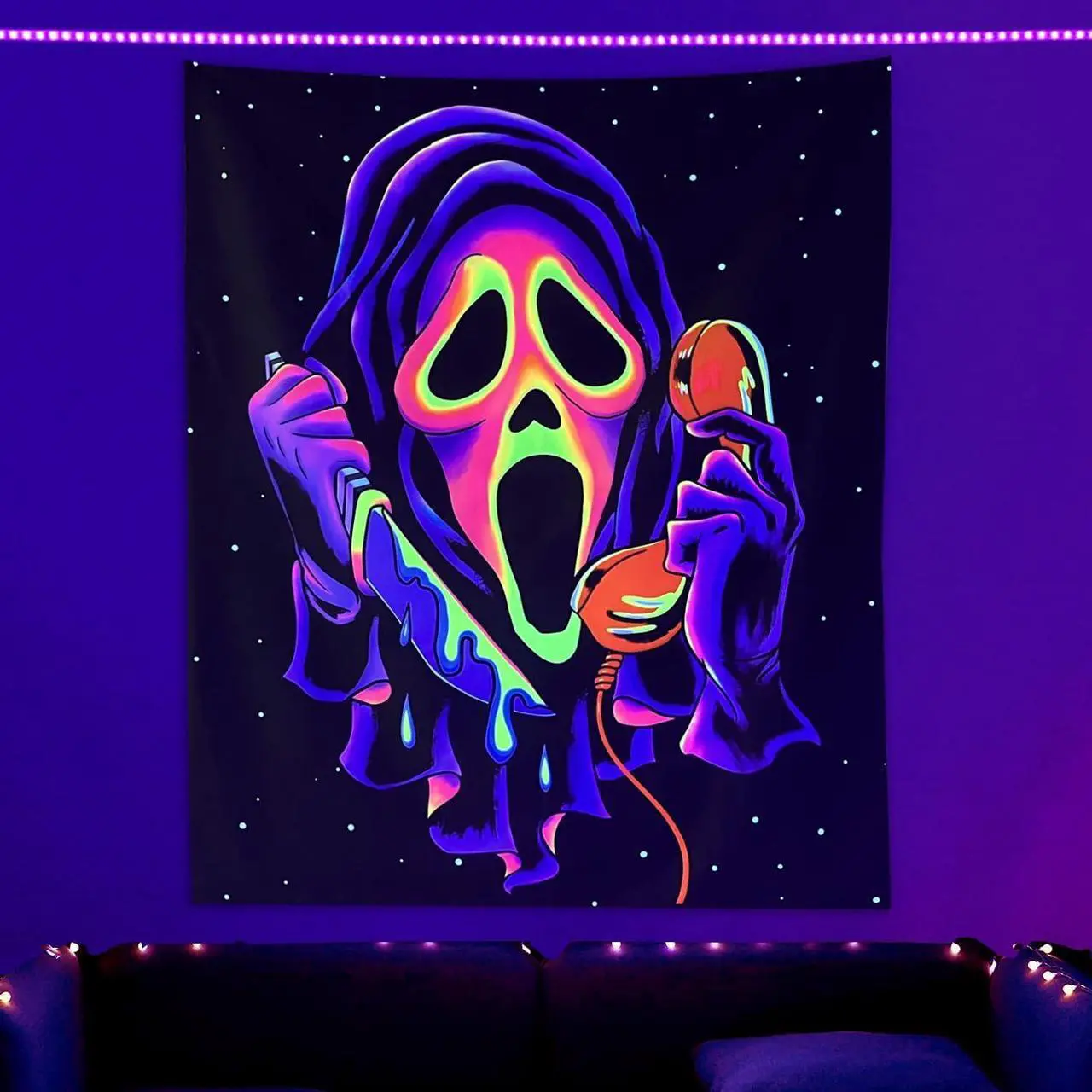 Alt view image 3 of 7 - Horror Ghost Face Blacklight Tapestry, UV Reactive Tapestries Wall Hanging, Glow in The Dark Party Backdrop Tapestry for Bedroom, Living Room, 40" x 30"