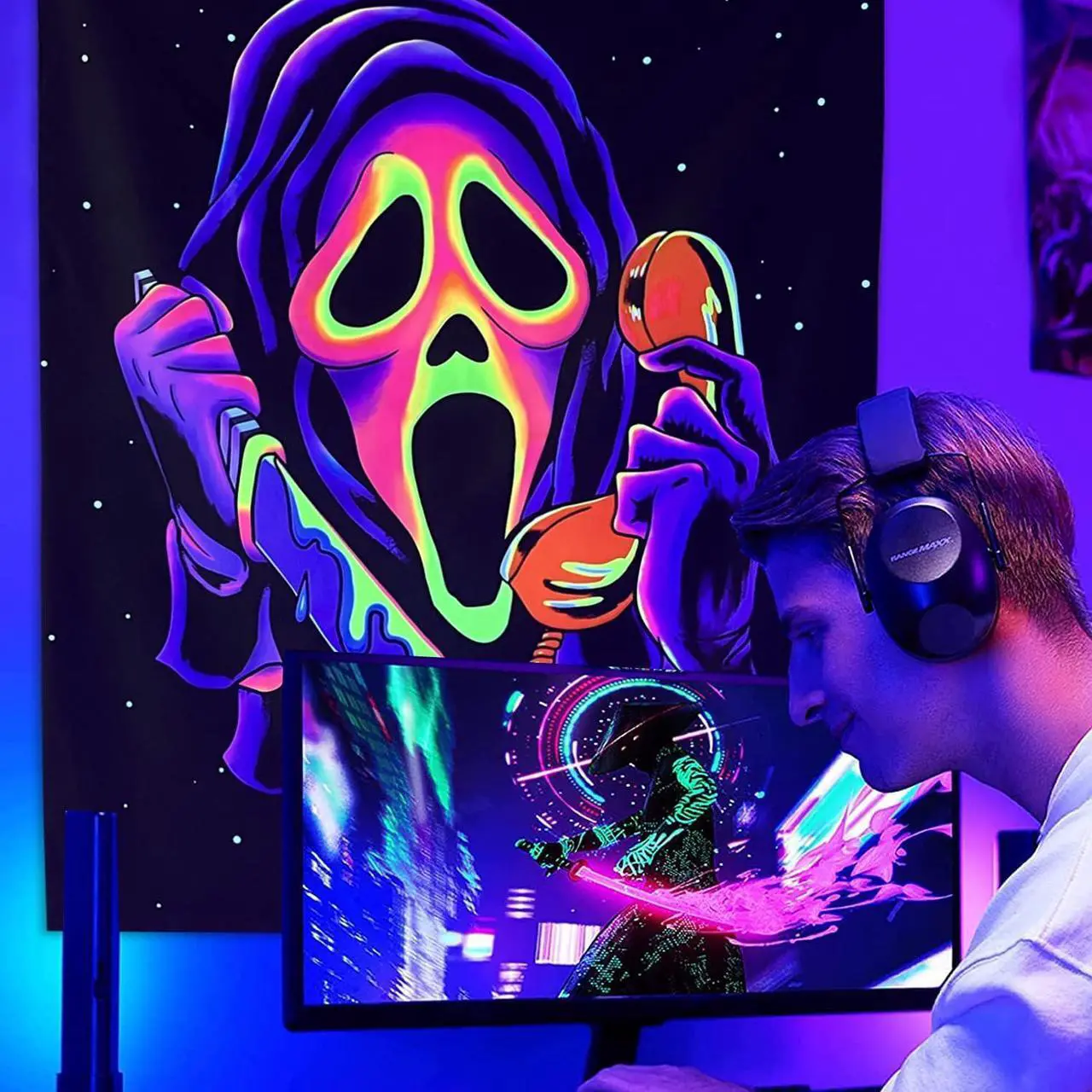 Alt view image 6 of 7 - Horror Ghost Face Blacklight Tapestry, UV Reactive Tapestries Wall Hanging, Glow in The Dark Party Backdrop Tapestry for Bedroom, Living Room, 40" x 30"