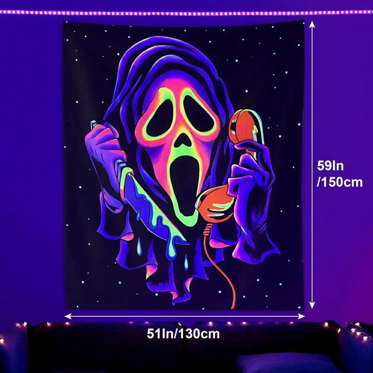 Alt view image 7 of 7 - Horror Ghost Face Blacklight Tapestry, UV Reactive Tapestries Wall Hanging, Glow in The Dark Party Backdrop Tapestry for Bedroom, Living Room, 40" x 30"