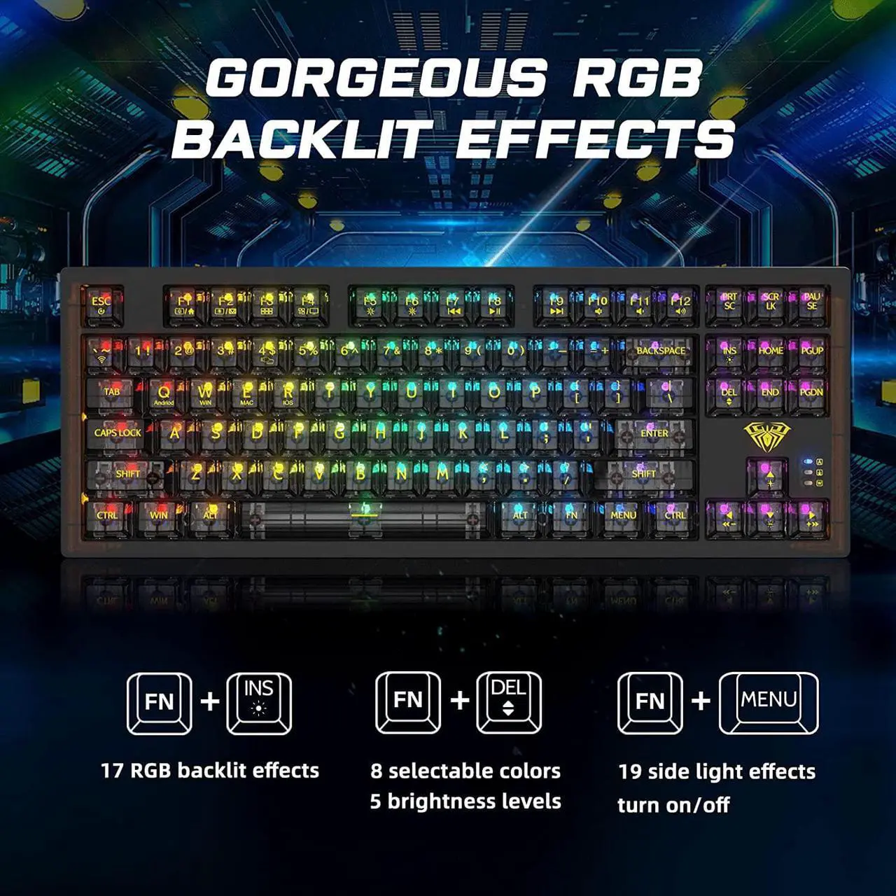 Alt view image 3 of 7 - Wireless Gaming Keyboard, RGB Hot Swappable Mechanical Gaming Keyboard with 19 Side Light Modes, 2.4G & BT5.0 & USB-C, Programmable Macro Functionality, Transparent keycaps Gaming Keyboard