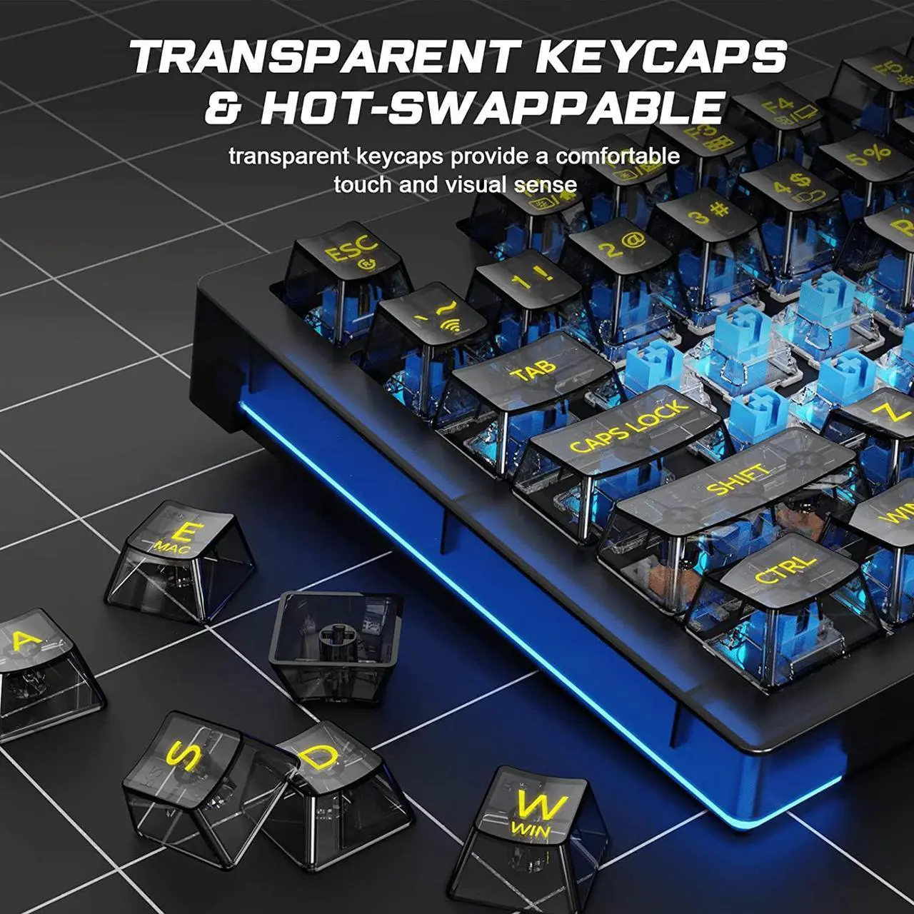 Alt view image 4 of 7 - Wireless Gaming Keyboard, RGB Hot Swappable Mechanical Gaming Keyboard with 19 Side Light Modes, 2.4G & BT5.0 & USB-C, Programmable Macro Functionality, Transparent keycaps Gaming Keyboard