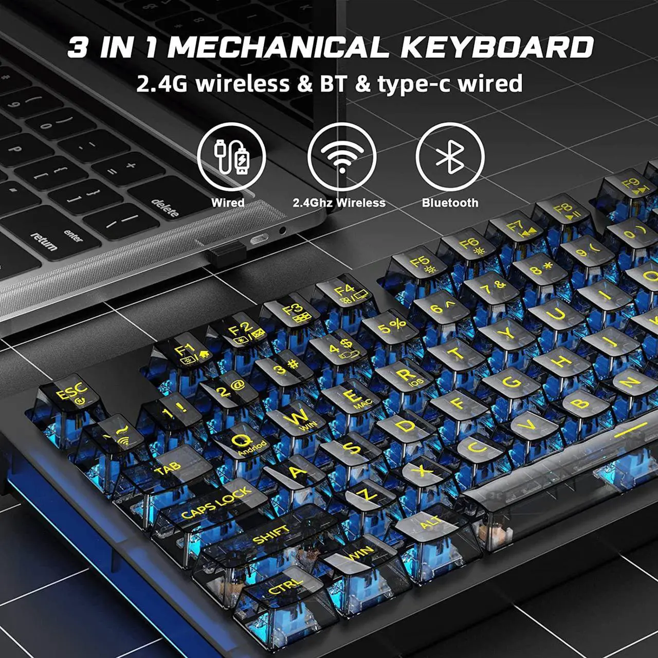 Alt view image 5 of 7 - Wireless Gaming Keyboard, RGB Hot Swappable Mechanical Gaming Keyboard with 19 Side Light Modes, 2.4G & BT5.0 & USB-C, Programmable Macro Functionality, Transparent keycaps Gaming Keyboard