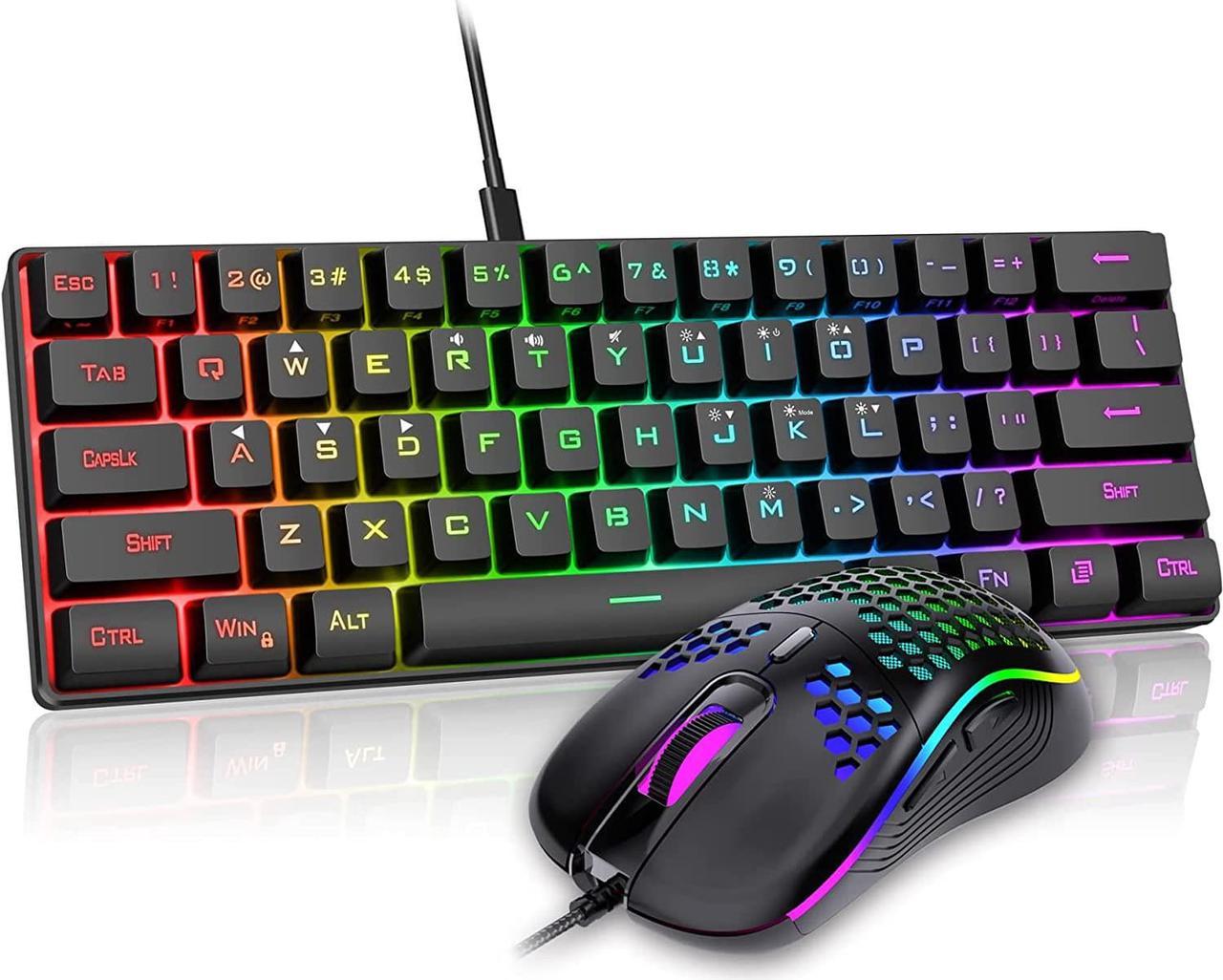 RedThunder 60% Gaming Keyboard and Mouse Combo, Ultra-Compact 61 Keys RGB Backlit Mini Keyboard, Lightweight 7200 DPI Honeycomb Optical Mouse, RGB Wired Gaming Set for PC MAC PS5 Xbox Gamer(Black)