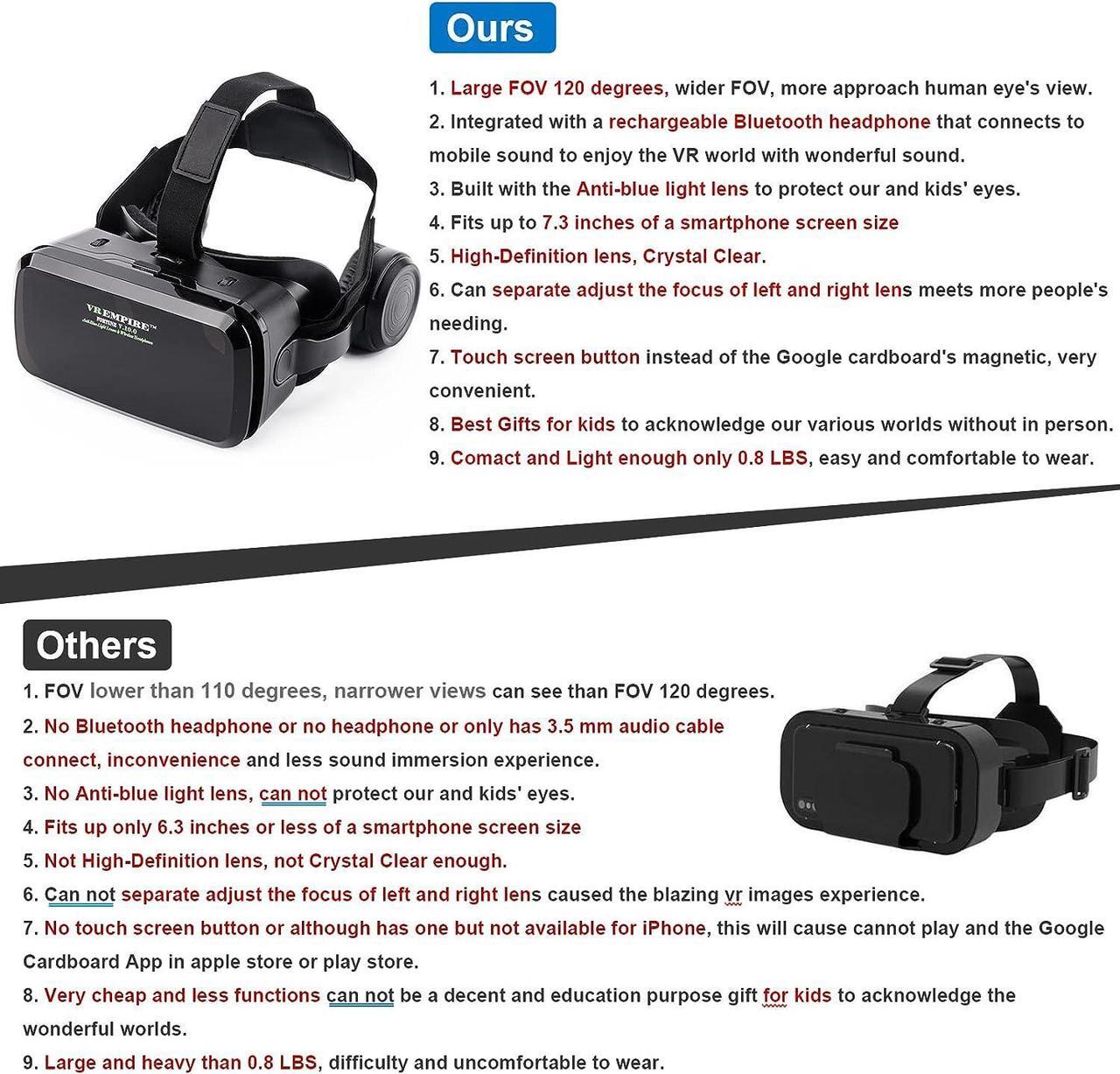 Alt view image 6 of 7 - Cell Phone Virtual Reality (vr) headsets VR Headset Phone VR Headset VR Headset for iPhone VR Headsets for Phone with Wireless Earphones Anti-Blue Lights iPhone VR Headset (B+R)