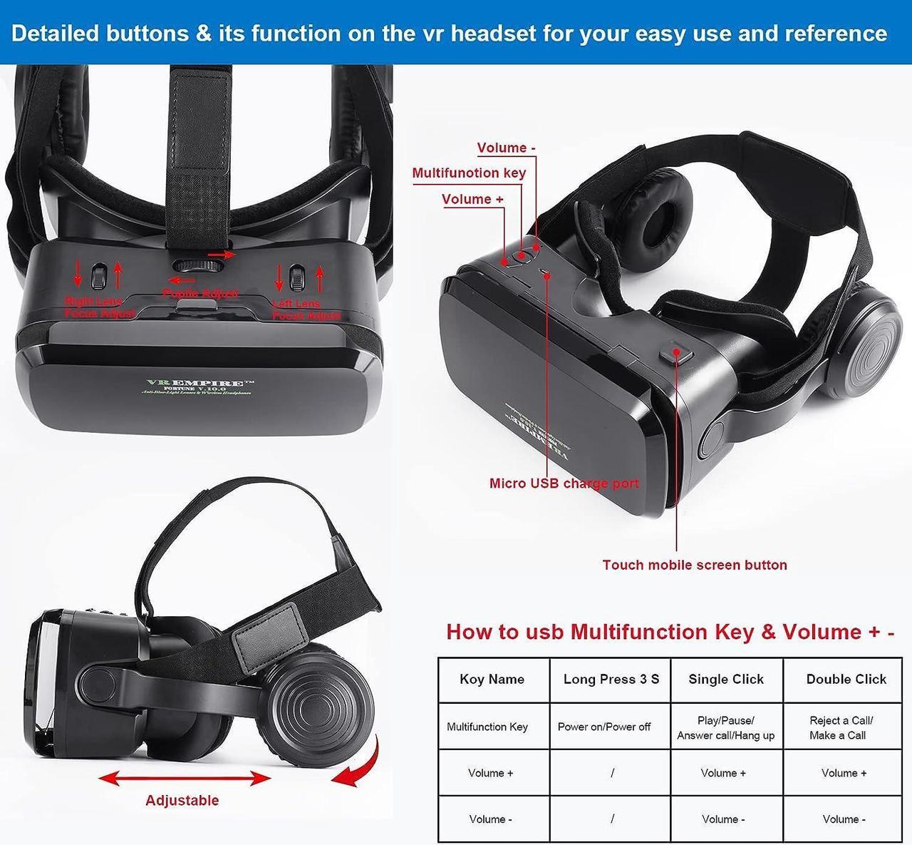Alt view image 7 of 7 - Cell Phone Virtual Reality (vr) headsets VR Headset Phone VR Headset VR Headset for iPhone VR Headsets for Phone with Wireless Earphones Anti-Blue Lights iPhone VR Headset (B+R)