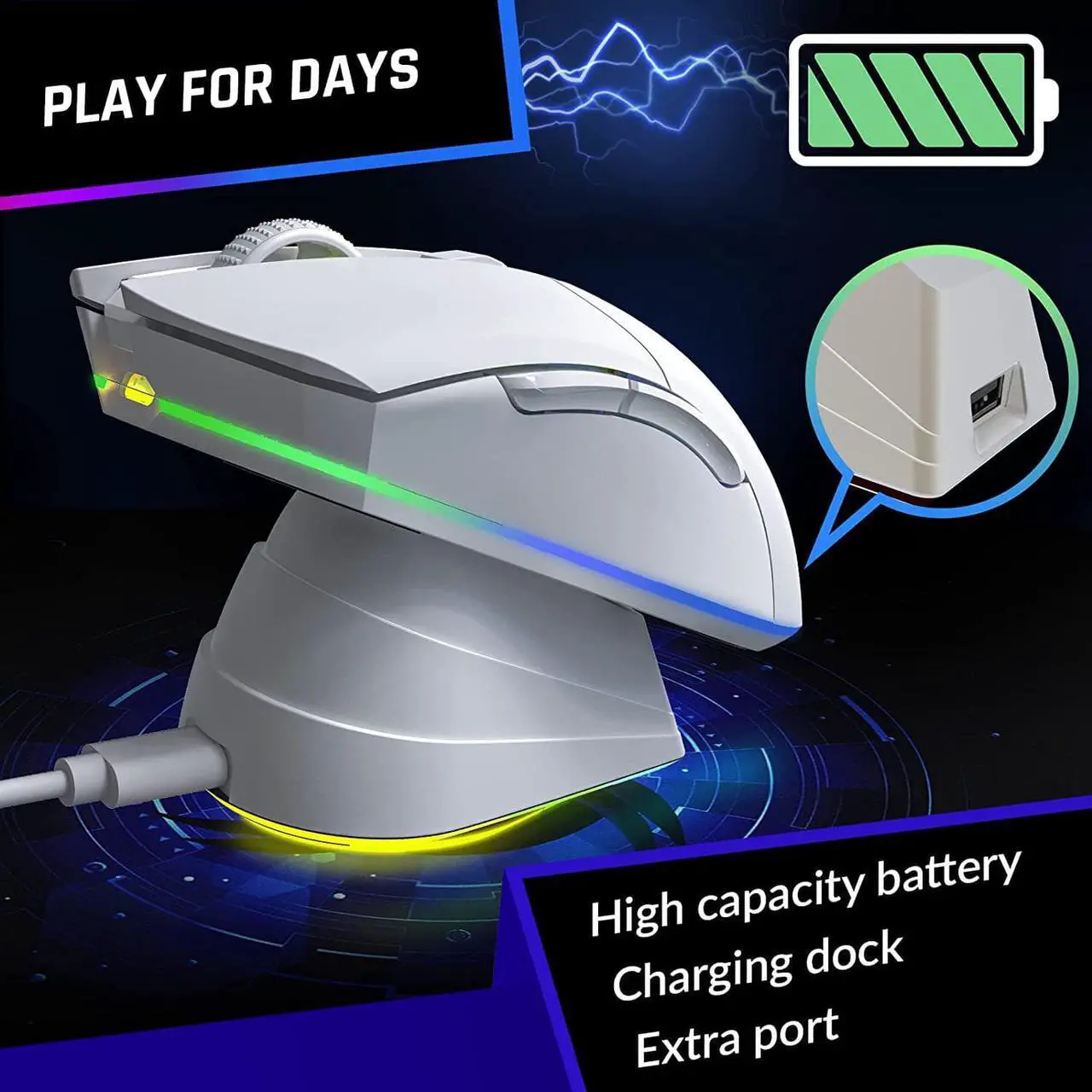 Alt view image 4 of 7 - KLIM Blaze Pro Rechargeable Wireless Gaming Mouse with Charging Dock RGB - New 2023 - High-Precision Sensor and Long-Lasting Battery - Up to 6000 DPI - Great PC Gaming Mouse Wireless - White