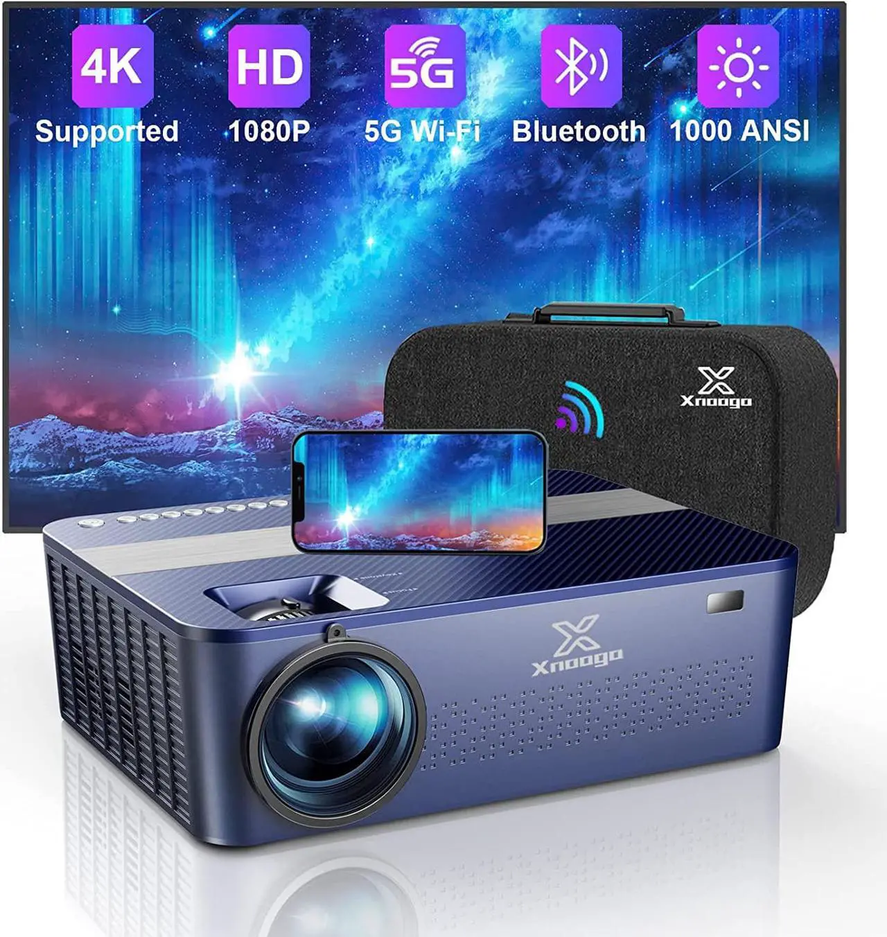 Main image of HD 1080P Projector 4k with WiFi and Bluetooth,XNoogo 1000 ANSI Outdoor Projector, 450" Display 4k Movie Projector Support 50%Zoom,Keystone,Bluetooth Projectors Compatible w/TV Stick/Phone/PC/Laptop