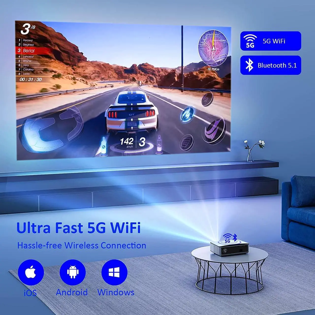 Alt view image 4 of 7 - NexiGo PJ30 Outdoor Projector, 450 ANSI Lumens, Native 1080P, Dolby_Sound Support, Movie Projector with WiFi and Bluetooth 5.1, Compatible w/TV Stick,iOS,Android,Laptop,Console