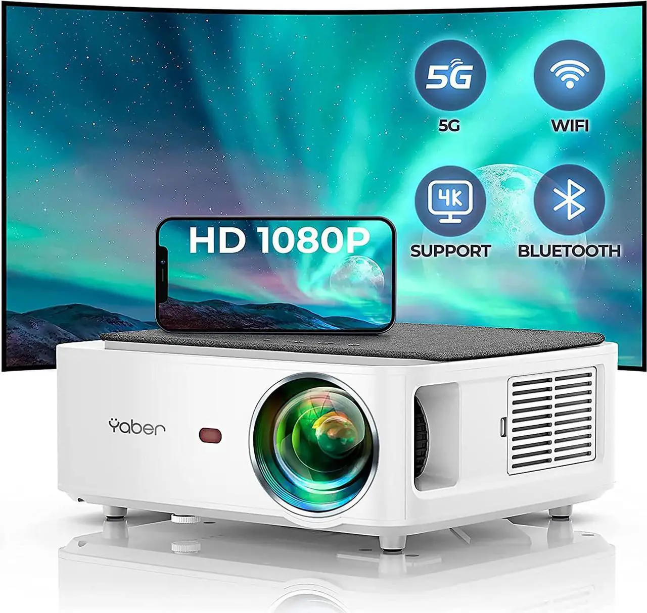 Main image of Projector with WiFi and Bluetooth, 13000L Outdoor Movie Projector Native 1080P 5G WiFi 4K Supported, YABER V6 Portable Home Theater Projector, 300" Display 4P Keystone 50% Zoom Compatible with Phone