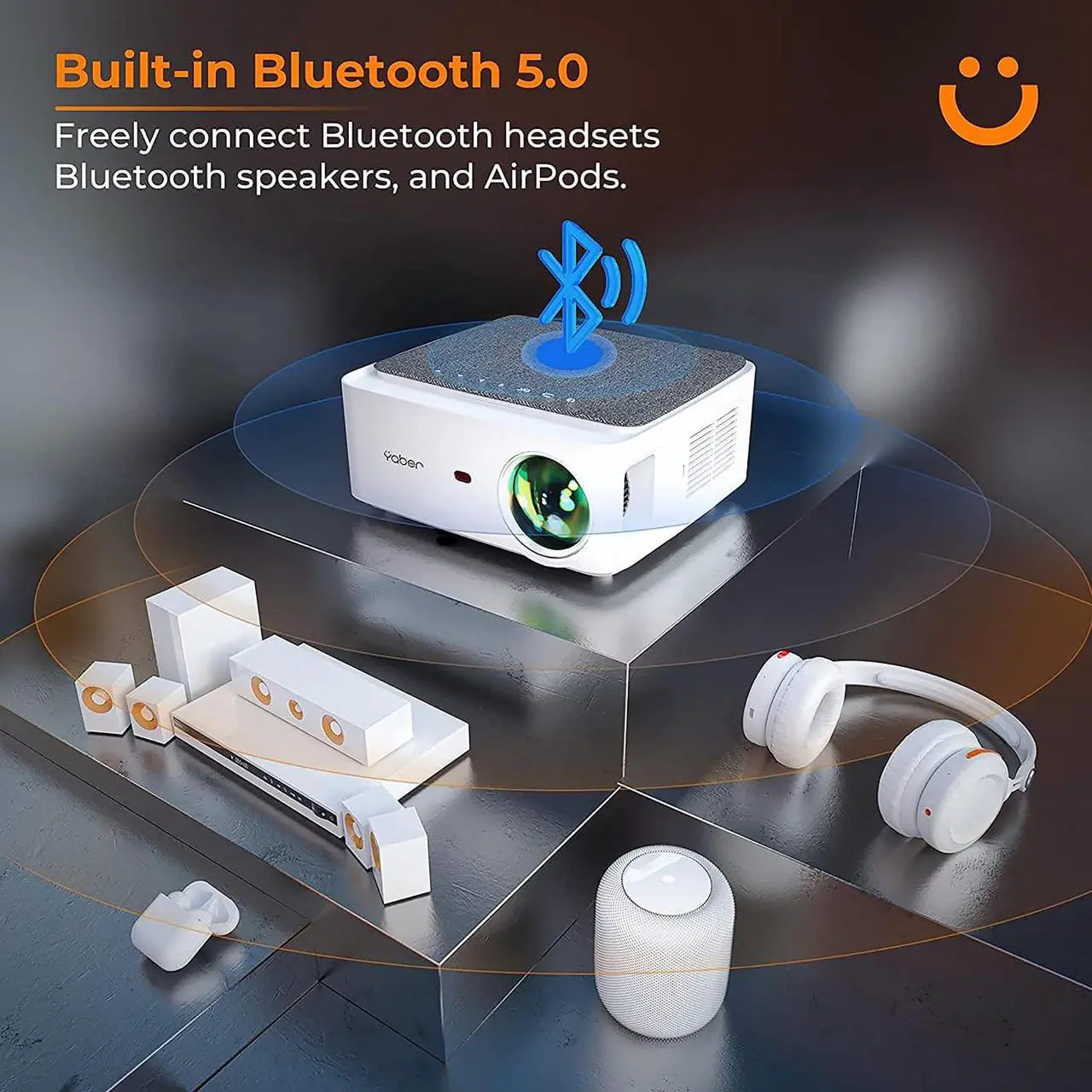 Alt view image 4 of 8 - Projector with WiFi and Bluetooth, 13000L Outdoor Movie Projector Native 1080P 5G WiFi 4K Supported, YABER V6 Portable Home Theater Projector, 300" Display 4P Keystone 50% Zoom Compatible with Phone