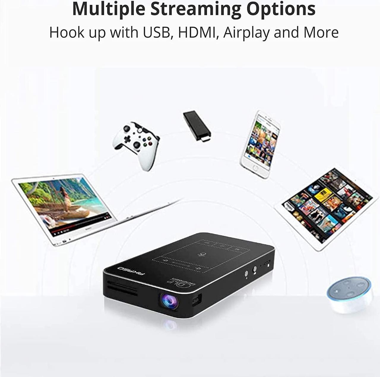 Alt view image 7 of 7 - AKASO WT50 Mini Pocket Pico Projector, 1080P Movie Video DLP Portable Projector with Android OS, Built-in Battery WiFi & Bluetooth, Projector for Cookie Decorating, Connects to iPhone and Android