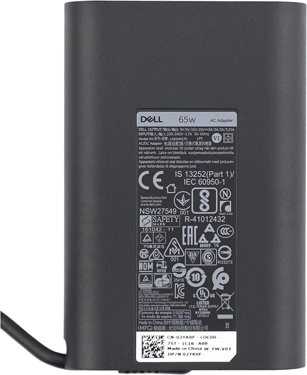 Dell Laptop Charger 65W Watt USB Type C AC Power Adapter Include Power Cord for Dell XPS 12 9250,XPS 13 9350 9360 9365 9370 9380, LA65NM170 HA65NM170,02YK0F 0M1WCF