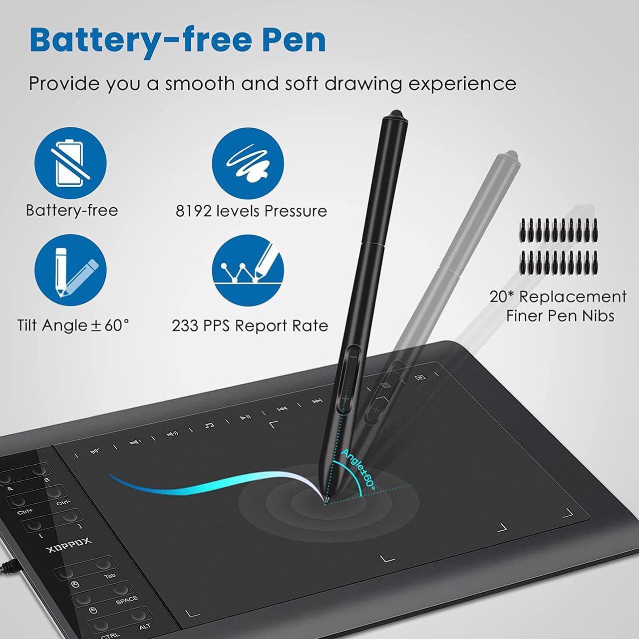 Alt view image 6 of 7 - XOPPOX Graphics Drawing Tablet 10 x 6 Inch Large Active Area with 8192 Levels Battery-Free Pen and 12 Hot Keys, Compatible with PC/Mac/Android OS for Painting, Design & Online Teaching