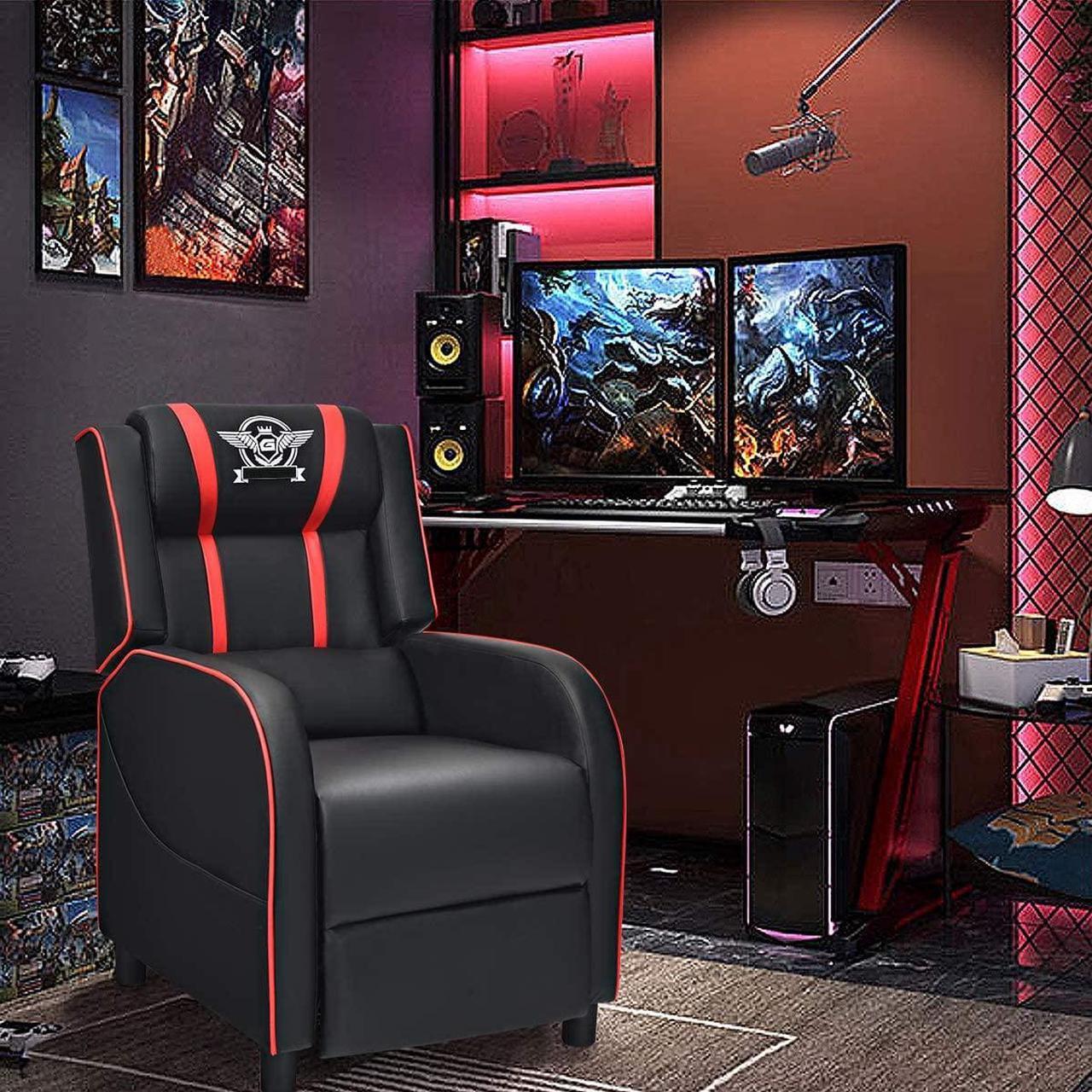 Alt view image 2 of 7 - Giantex Gaming Recliner Chair, Adjustable Massage Gaming Chairs for Adults, Ergonomic Comfortable Lounge Leather Sofa w/Footrest, Remote Control & Side Pocket, Racing Style Single Sofa Recliners, Red