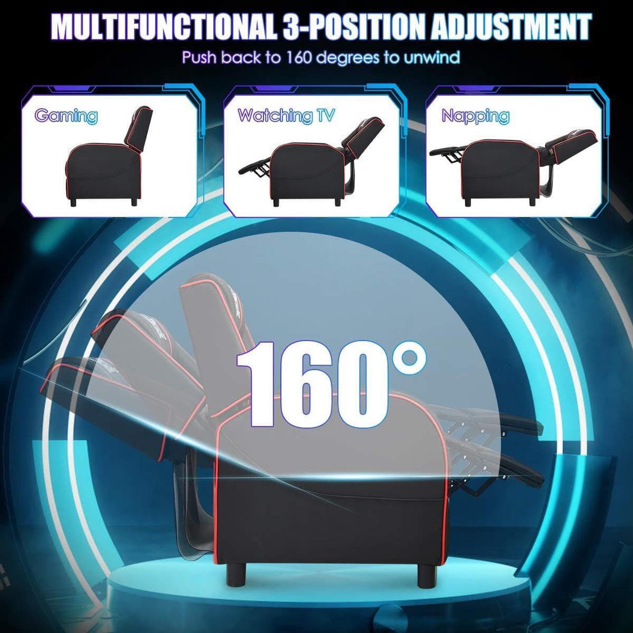 Alt view image 4 of 7 - Giantex Gaming Recliner Chair, Adjustable Massage Gaming Chairs for Adults, Ergonomic Comfortable Lounge Leather Sofa w/Footrest, Remote Control & Side Pocket, Racing Style Single Sofa Recliners, Red