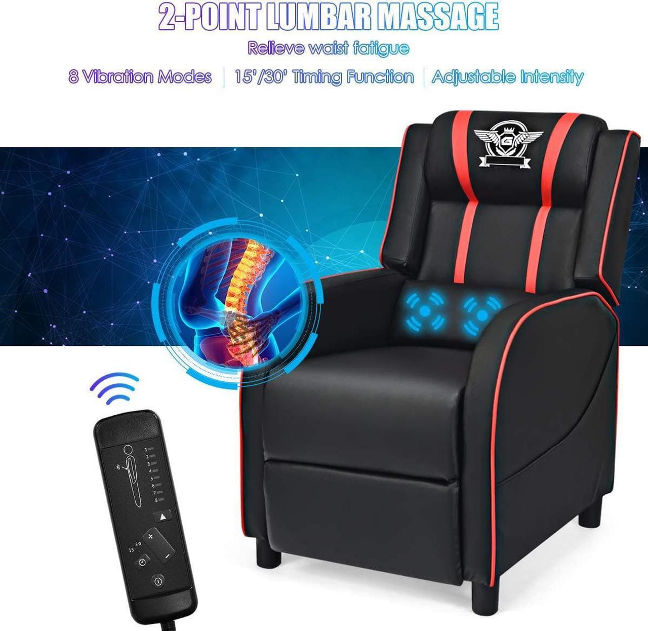 Alt view image 5 of 7 - Giantex Gaming Recliner Chair, Adjustable Massage Gaming Chairs for Adults, Ergonomic Comfortable Lounge Leather Sofa w/Footrest, Remote Control & Side Pocket, Racing Style Single Sofa Recliners, Red