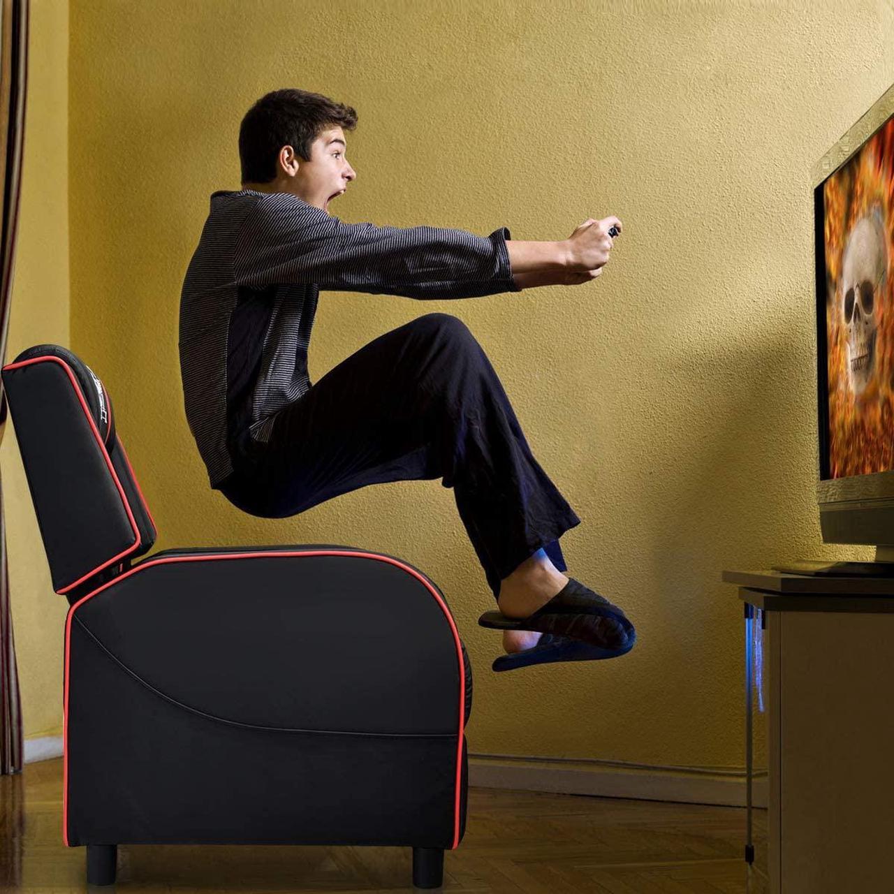 Alt view image 7 of 7 - Giantex Gaming Recliner Chair, Adjustable Massage Gaming Chairs for Adults, Ergonomic Comfortable Lounge Leather Sofa w/Footrest, Remote Control & Side Pocket, Racing Style Single Sofa Recliners, Red