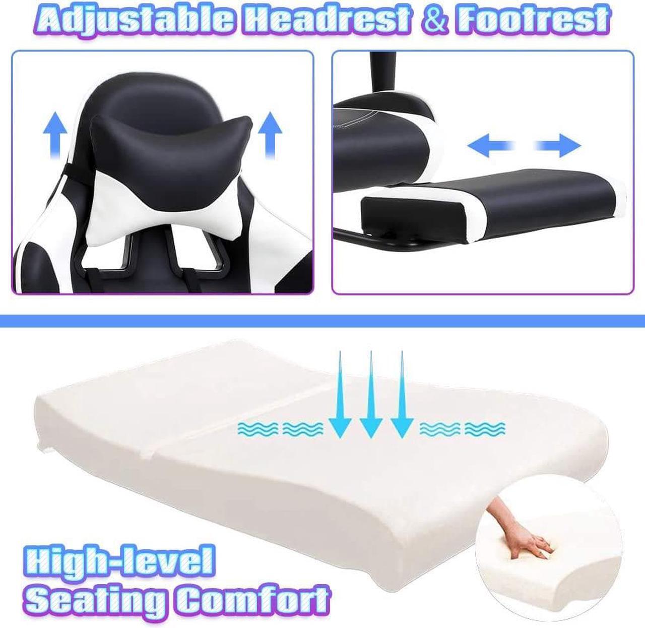 Alt view image 5 of 7 - PC Gaming Chair Ergonomic Racing Office Chair Video Game Chair, Massage Function Lumbar Support with Arms Footrest & Headrest Nice Chic Desk Chair, Adjustable Home Office Chair - White