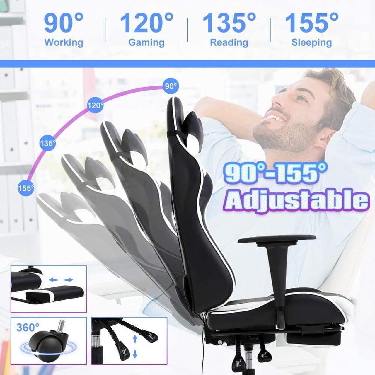 Alt view image 7 of 7 - PC Gaming Chair Ergonomic Racing Office Chair Video Game Chair, Massage Function Lumbar Support with Arms Footrest & Headrest Nice Chic Desk Chair, Adjustable Home Office Chair - White