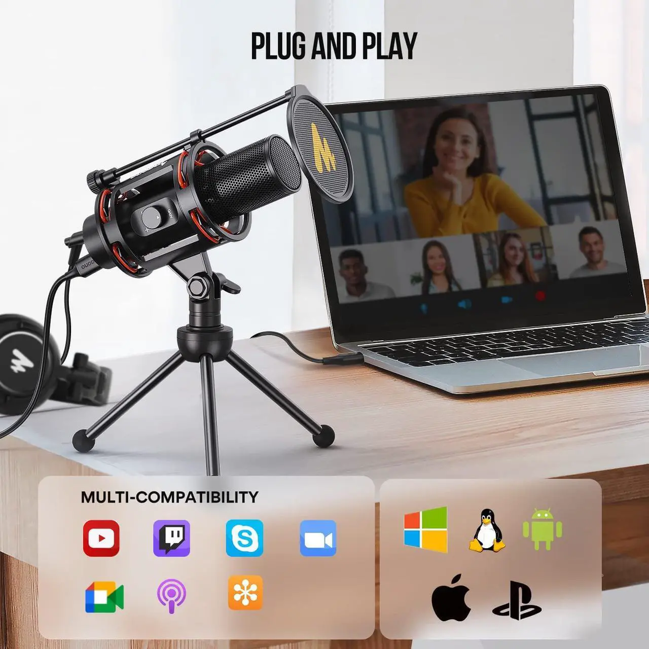 Alt view image 3 of 7 - Computer Microphone All in One USB Condenser Mic 192kHz/24bit with Metal Pop Filter, Tripod, Gain Knob&0-Latency Monitoring for Zoom Meeting, Podcasting, Streaming, YouTube, Voice Over, Gaming