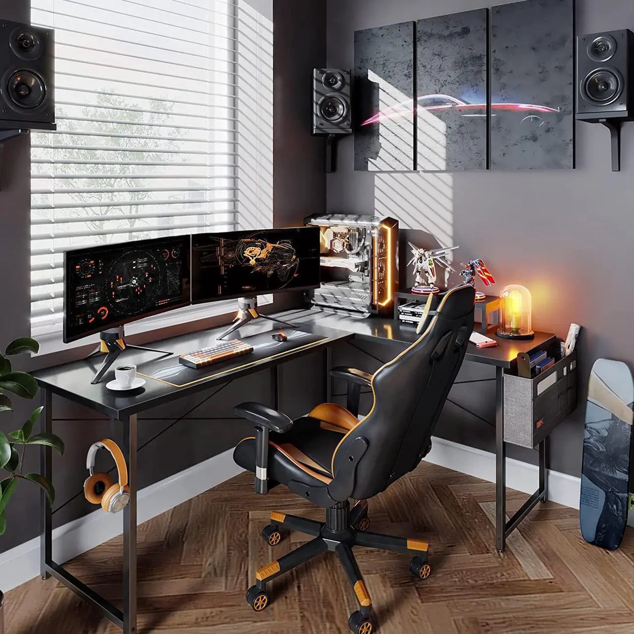 Alt view image 2 of 7 - L Shaped Desk, 59" Computer Corner Desk, Gaming Desk, Home Office Writing Desk with Monitor Shelf, Space-Saving Workstation Desk, Modern Simple Wooden Desk, Easy to Assemble, Black