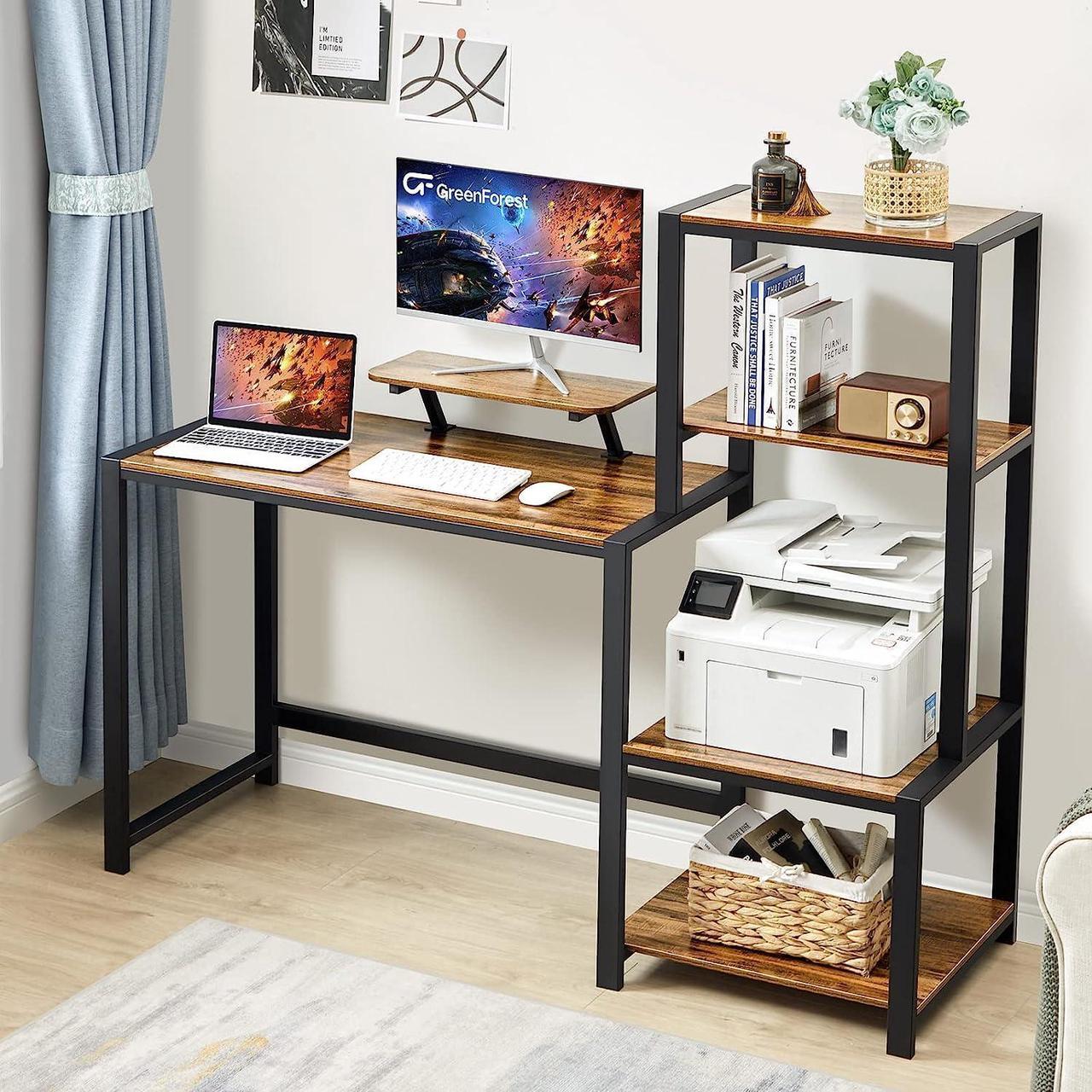 Alt view image 4 of 7 - GreenForest Computer Desk 58 inch with Storage Printer Shelf Reversible Home Office Desk with Movable Monitor Stand and 2 Headphone Hooks for Study Writing PC Gaming Working, Walnut
