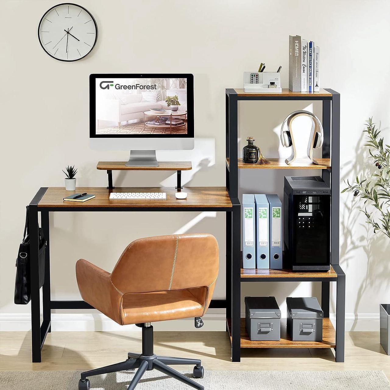 Alt view image 5 of 7 - GreenForest Computer Desk 58 inch with Storage Printer Shelf Reversible Home Office Desk with Movable Monitor Stand and 2 Headphone Hooks for Study Writing PC Gaming Working, Walnut