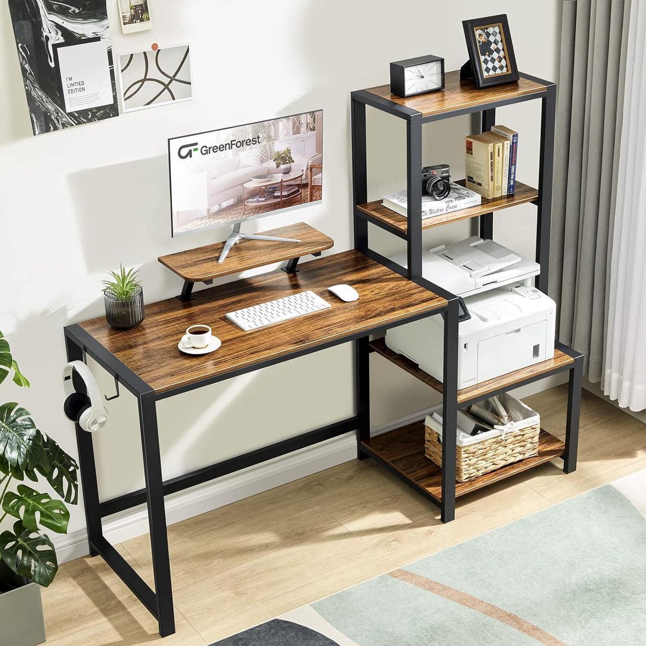 Alt view image 7 of 7 - GreenForest Computer Desk 58 inch with Storage Printer Shelf Reversible Home Office Desk with Movable Monitor Stand and 2 Headphone Hooks for Study Writing PC Gaming Working, Walnut