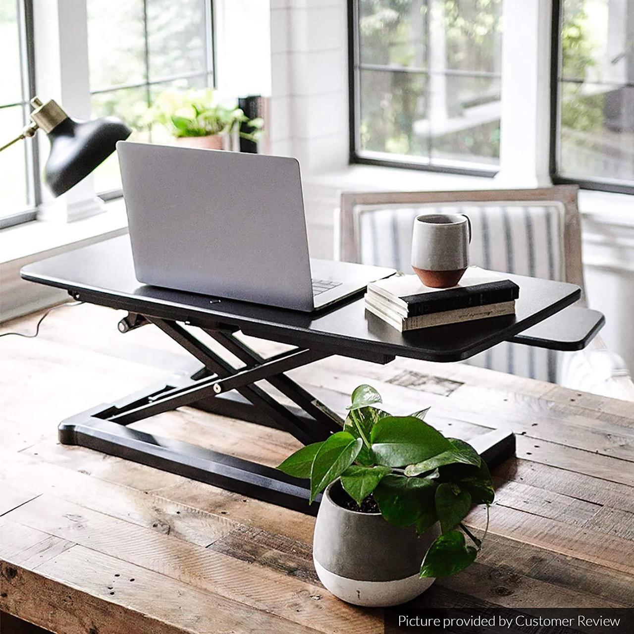 Alt view image 5 of 7 - Electric Standing Desk Converter 36" Wide Motorized Stand up Riser for Monitor and Laptop, Black Height Adjustable Workstation for Home Office