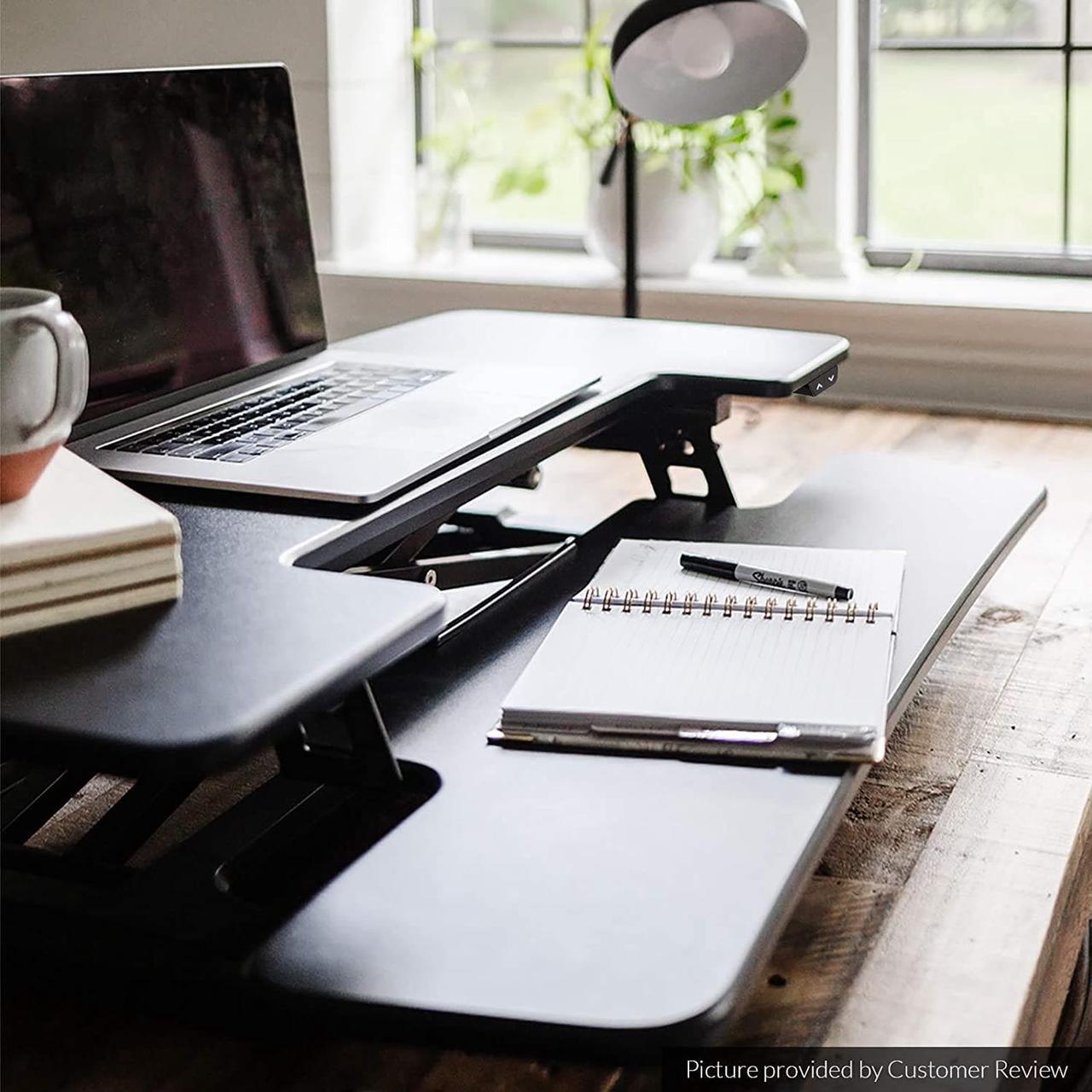 Alt view image 6 of 7 - Electric Standing Desk Converter 36" Wide Motorized Stand up Riser for Monitor and Laptop, Black Height Adjustable Workstation for Home Office