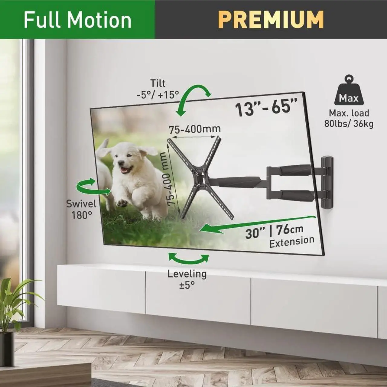 Alt view image 2 of 7 - Barkan Long TV Wall Mount, 13-65 inch Full Motion Articulating - 4 Movement Flat/Curved Screen Bracket, Holds up to 79lbs, Extremely Extendable, Fits LED OLED LCD