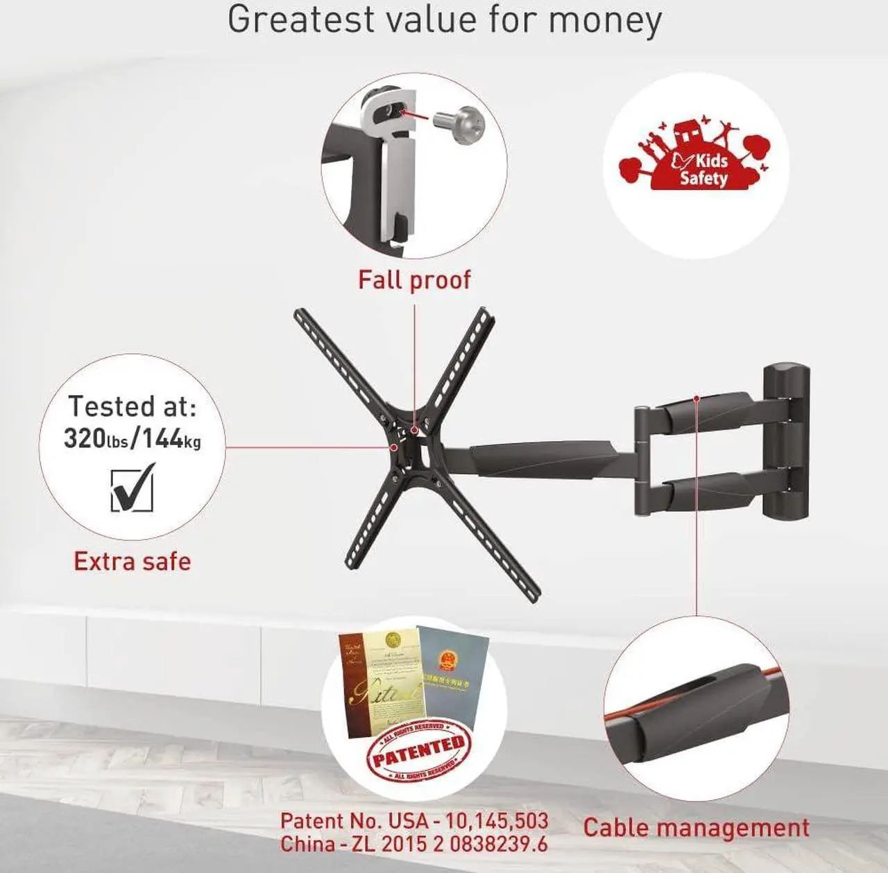 Alt view image 3 of 7 - Barkan Long TV Wall Mount, 13-65 inch Full Motion Articulating - 4 Movement Flat/Curved Screen Bracket, Holds up to 79lbs, Extremely Extendable, Fits LED OLED LCD