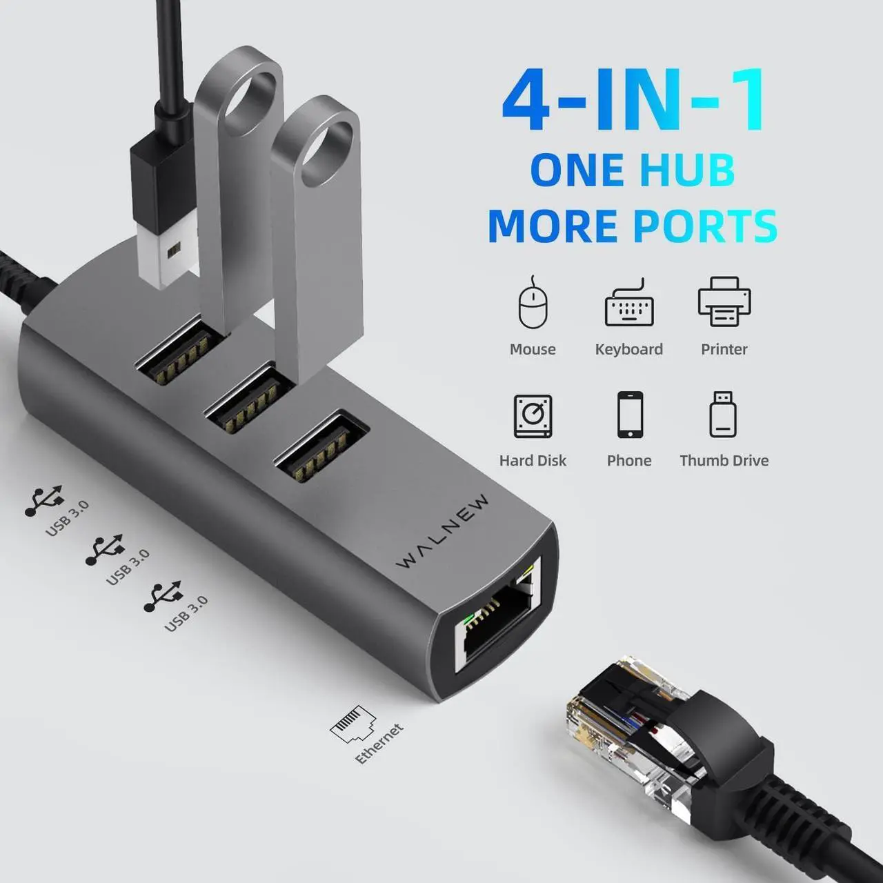 Alt view image 2 of 6 - USB C to Ethernet Adapter, WALNEW 4-in-1 USB-C to USB 3.0 Hub with Gigabit Ethernet Adapter,Thunderbolt 3 to Gigabit Ethernet LAN Network Adapter for MacBook Pro/Air, iPad Pro, Dell XPS and More