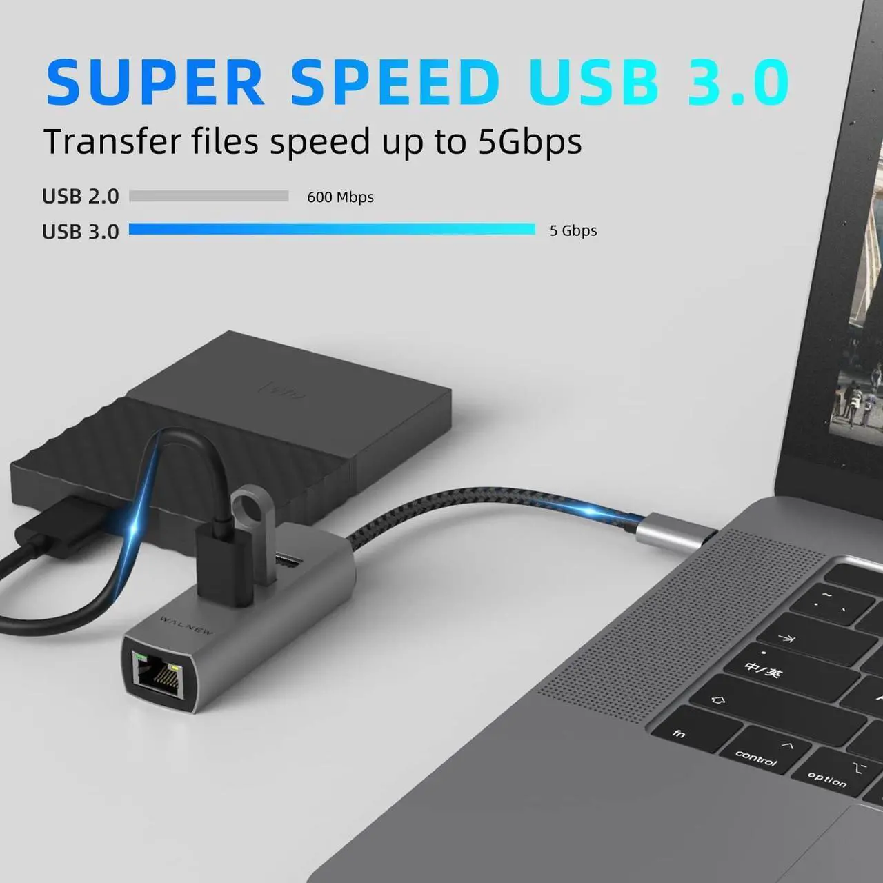 Alt view image 4 of 6 - USB C to Ethernet Adapter, WALNEW 4-in-1 USB-C to USB 3.0 Hub with Gigabit Ethernet Adapter,Thunderbolt 3 to Gigabit Ethernet LAN Network Adapter for MacBook Pro/Air, iPad Pro, Dell XPS and More