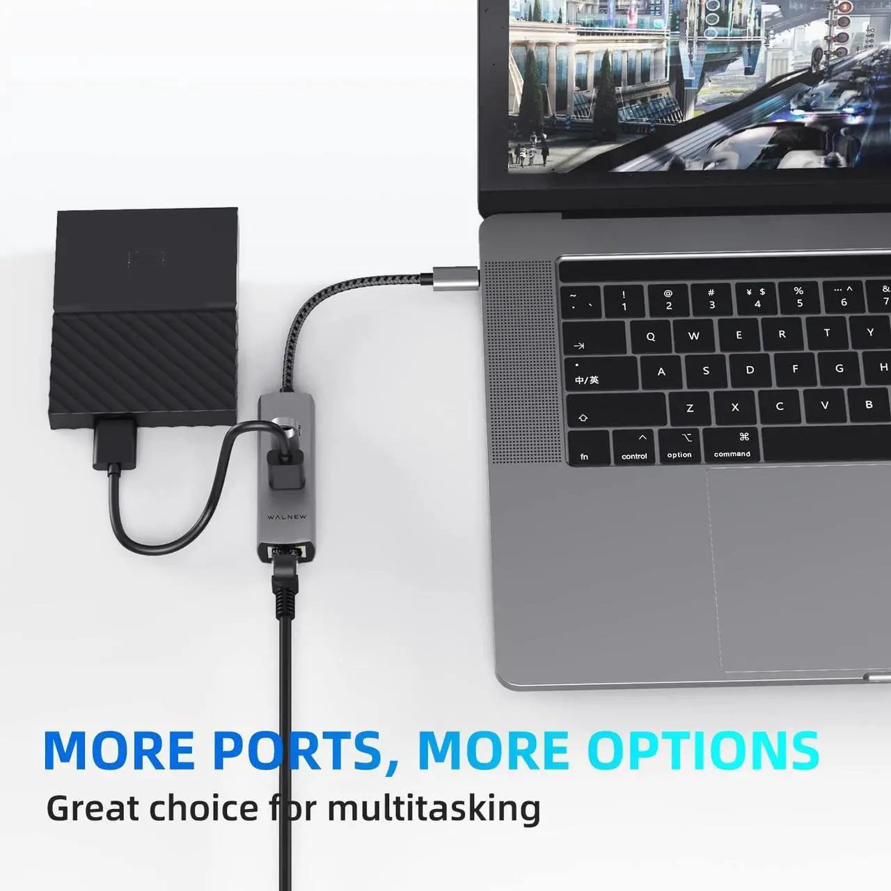 Alt view image 5 of 6 - USB C to Ethernet Adapter, WALNEW 4-in-1 USB-C to USB 3.0 Hub with Gigabit Ethernet Adapter,Thunderbolt 3 to Gigabit Ethernet LAN Network Adapter for MacBook Pro/Air, iPad Pro, Dell XPS and More