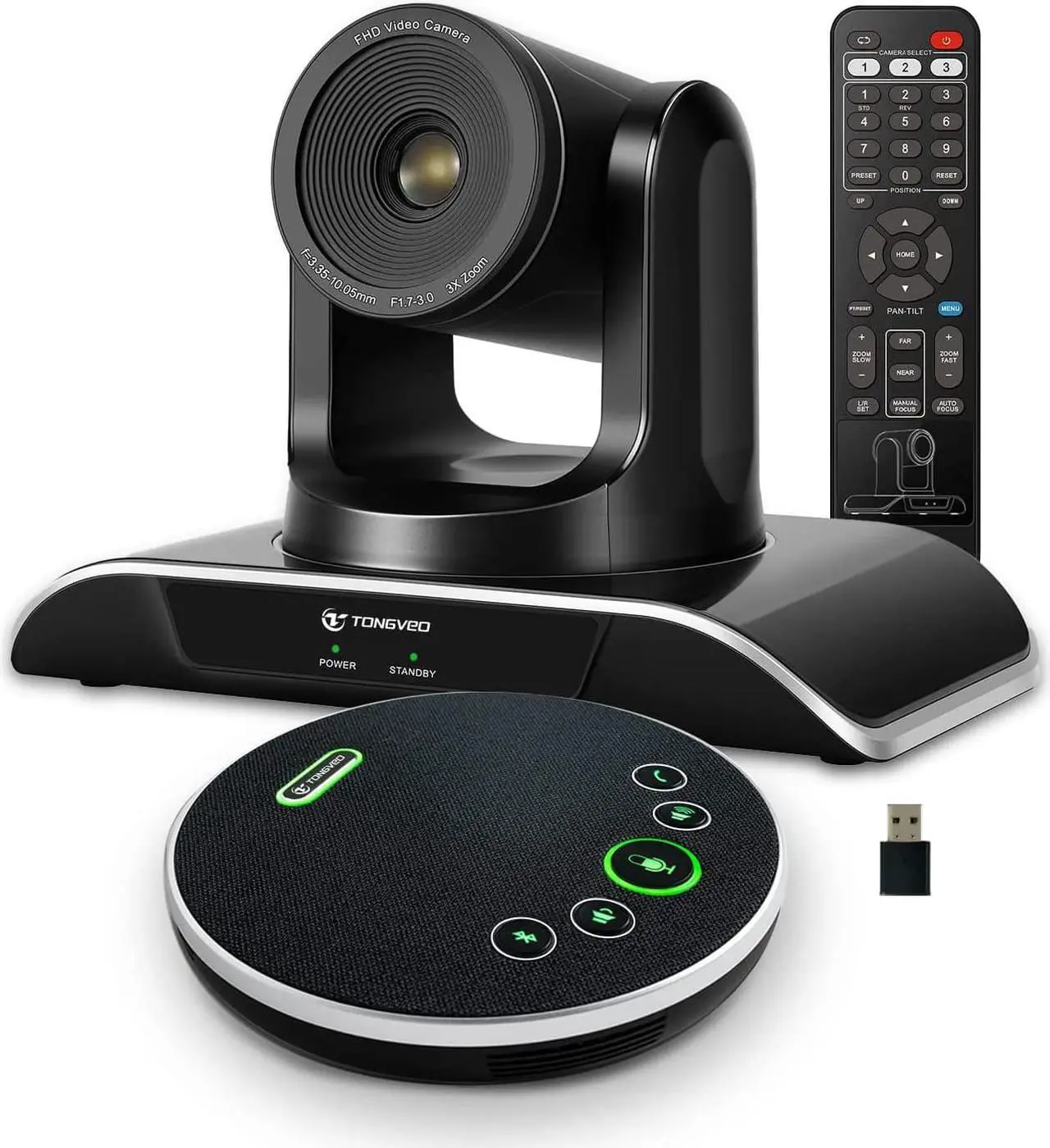 Main image of TONGVEO All-in-One Conference Room Camera System, Video Conferencing System Bundle HD 1080P 3X Optical Zoom PTZ Camera and Bluetooth Conference Speakerphone with Microphones