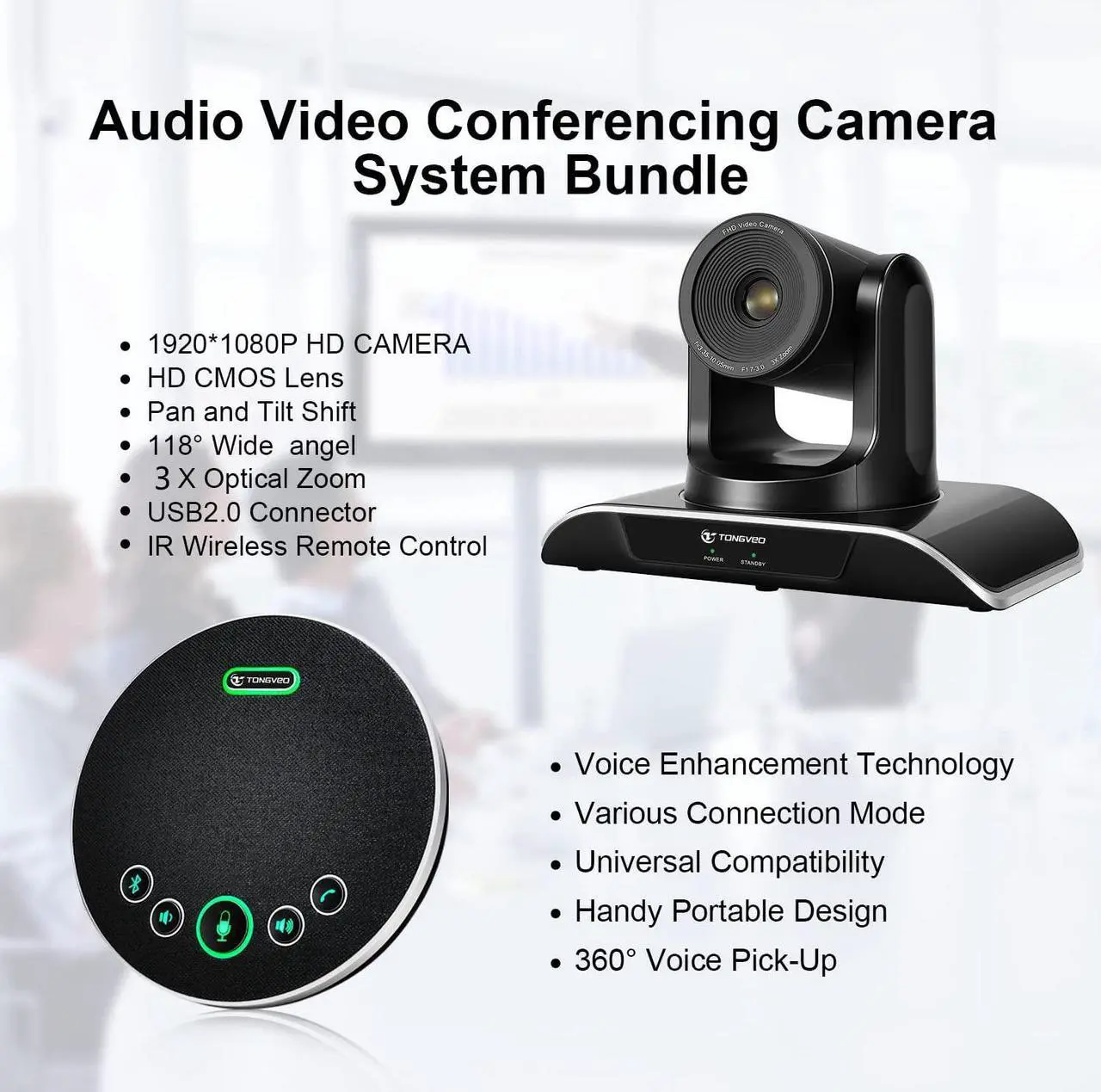Alt view image 2 of 7 - TONGVEO All-in-One Conference Room Camera System, Video Conferencing System Bundle HD 1080P 3X Optical Zoom PTZ Camera and Bluetooth Conference Speakerphone with Microphones