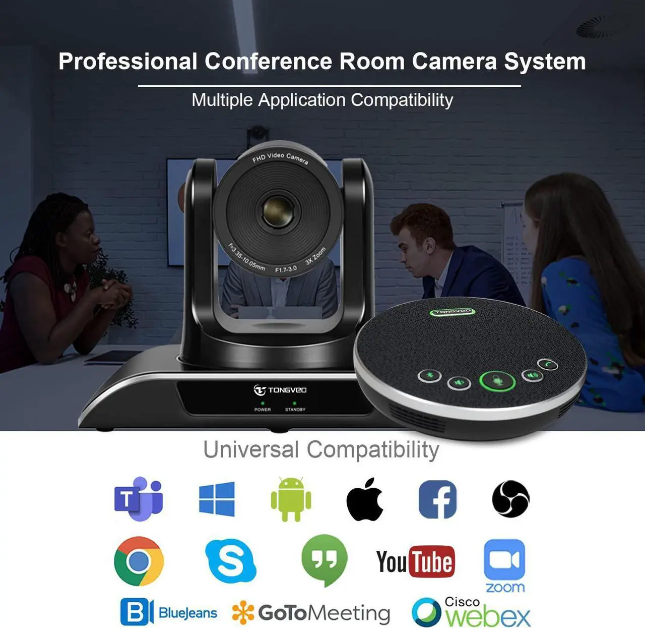 Alt view image 5 of 7 - TONGVEO All-in-One Conference Room Camera System, Video Conferencing System Bundle HD 1080P 3X Optical Zoom PTZ Camera and Bluetooth Conference Speakerphone with Microphones